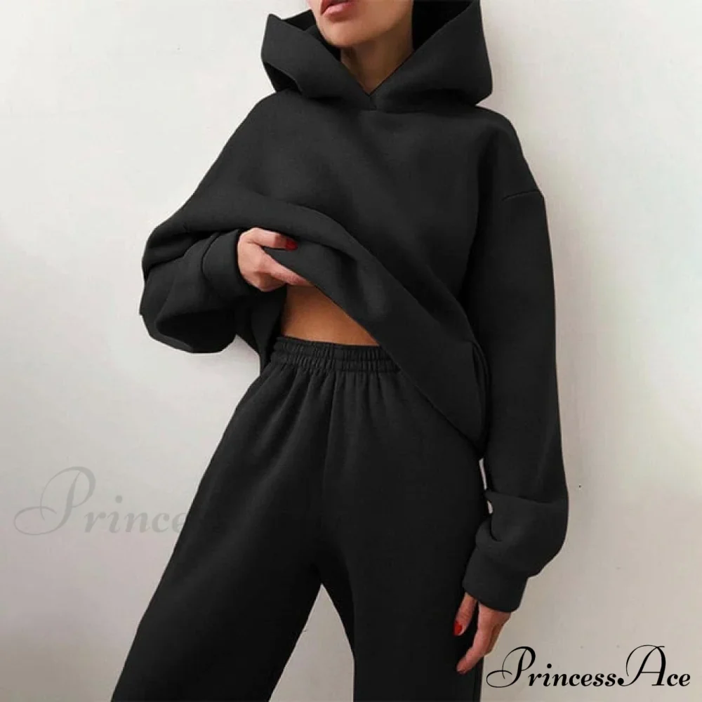 Elegant with Long Sweatshirt Women's Set and Hoodie Lace-Up Warm Pant Solid Detail - Image 5