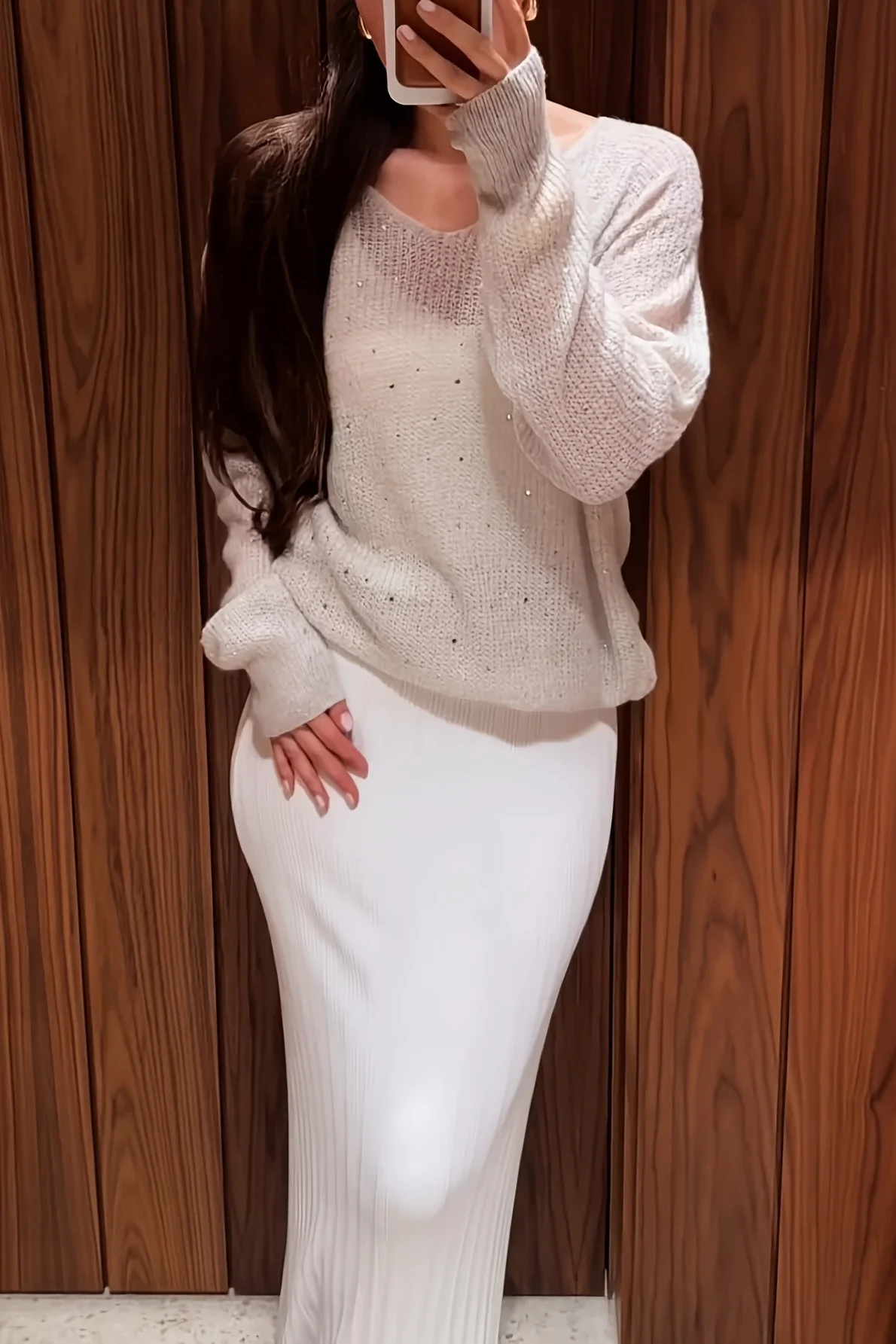 Rhinestone White V Neck Long Sleeve Knit Blouse - Image 3