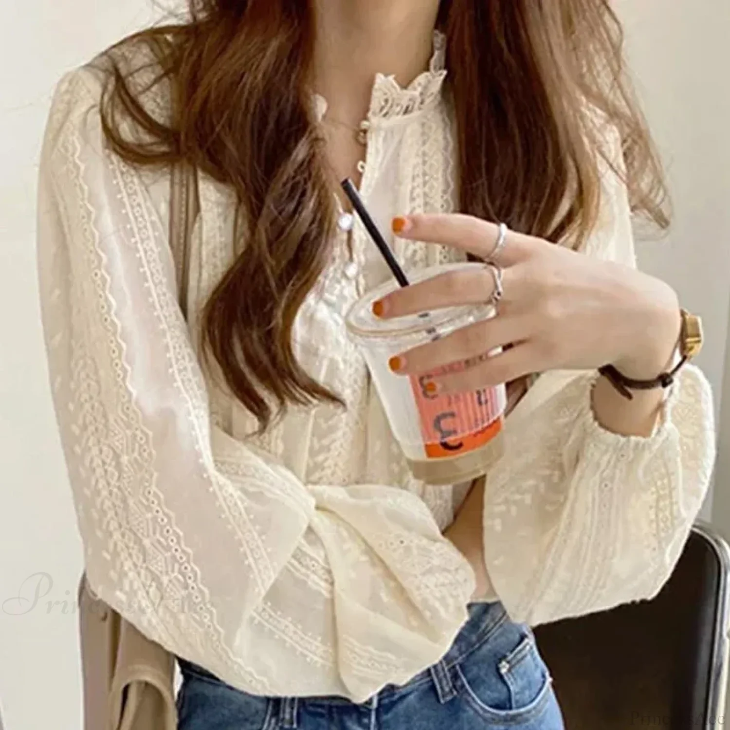 Embroidered Apricot Puff Sleeve Blouse - Image 2