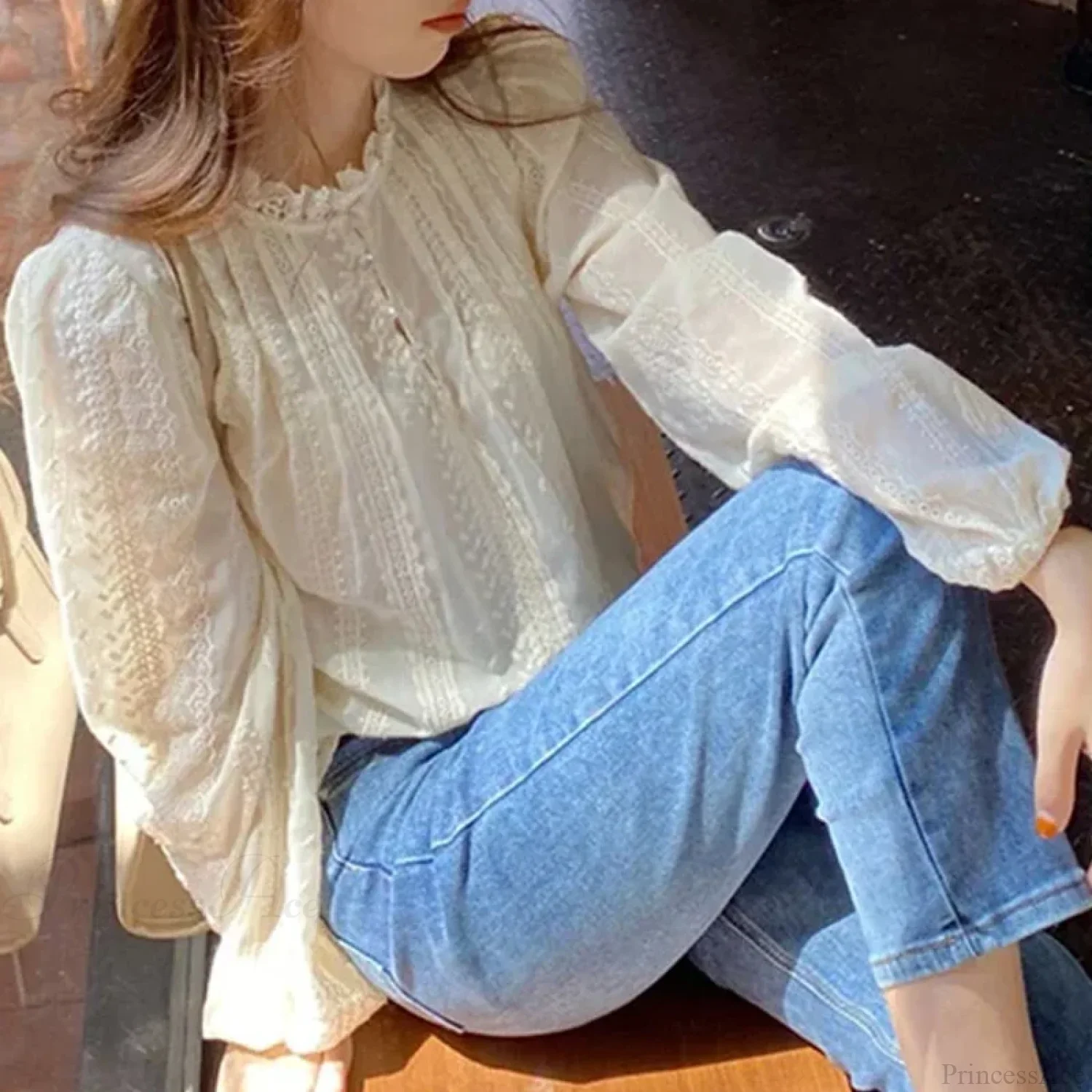 Embroidered Apricot Puff Sleeve Blouse - Image 3