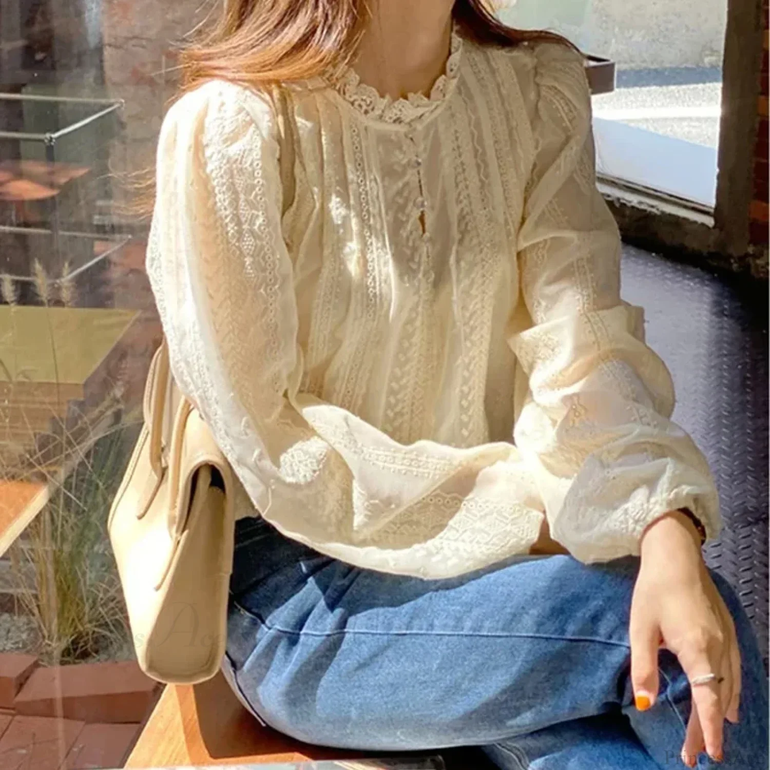 Embroidered Apricot Puff Sleeve Blouse - Image 4