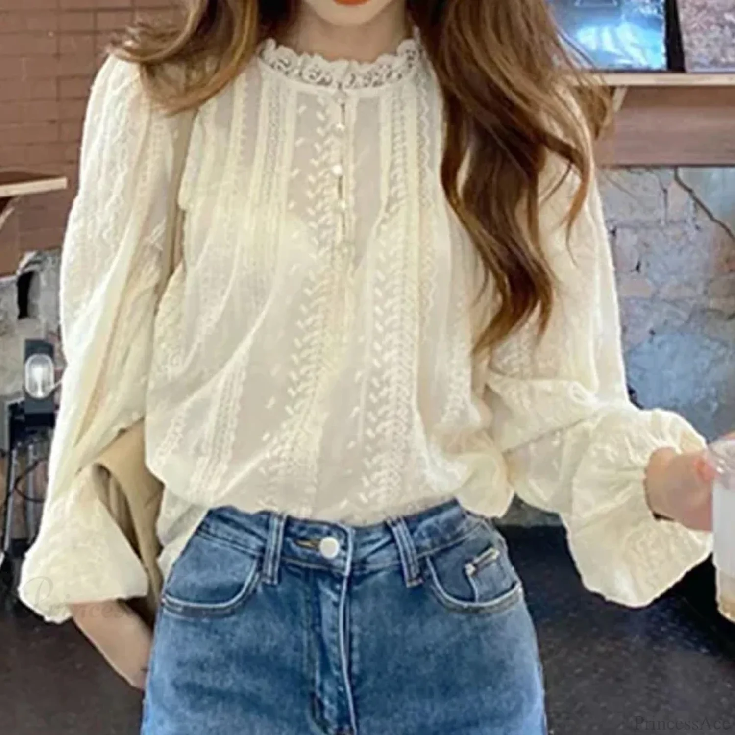 Embroidered Apricot Puff Sleeve Blouse - Image 5