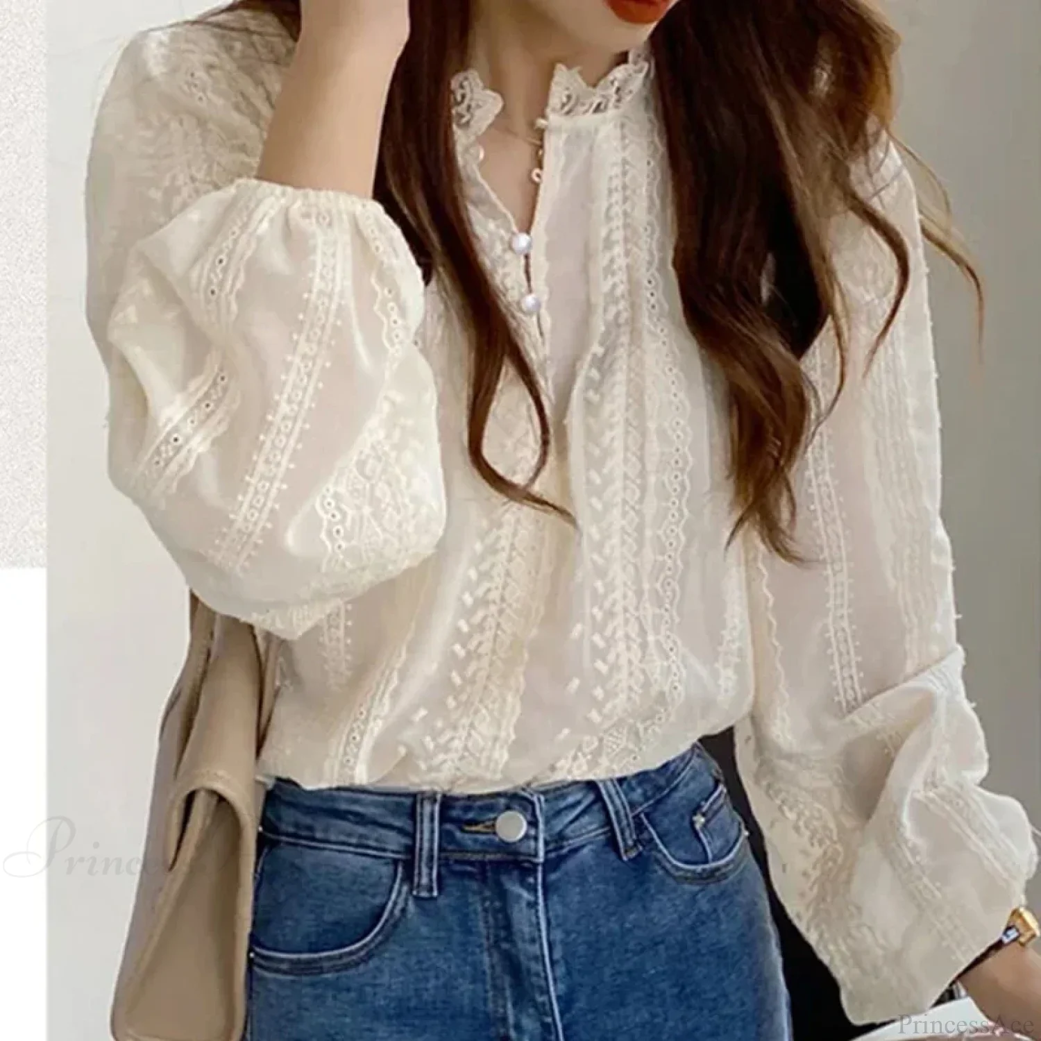 Embroidered Apricot Puff Sleeve Blouse - Image 6