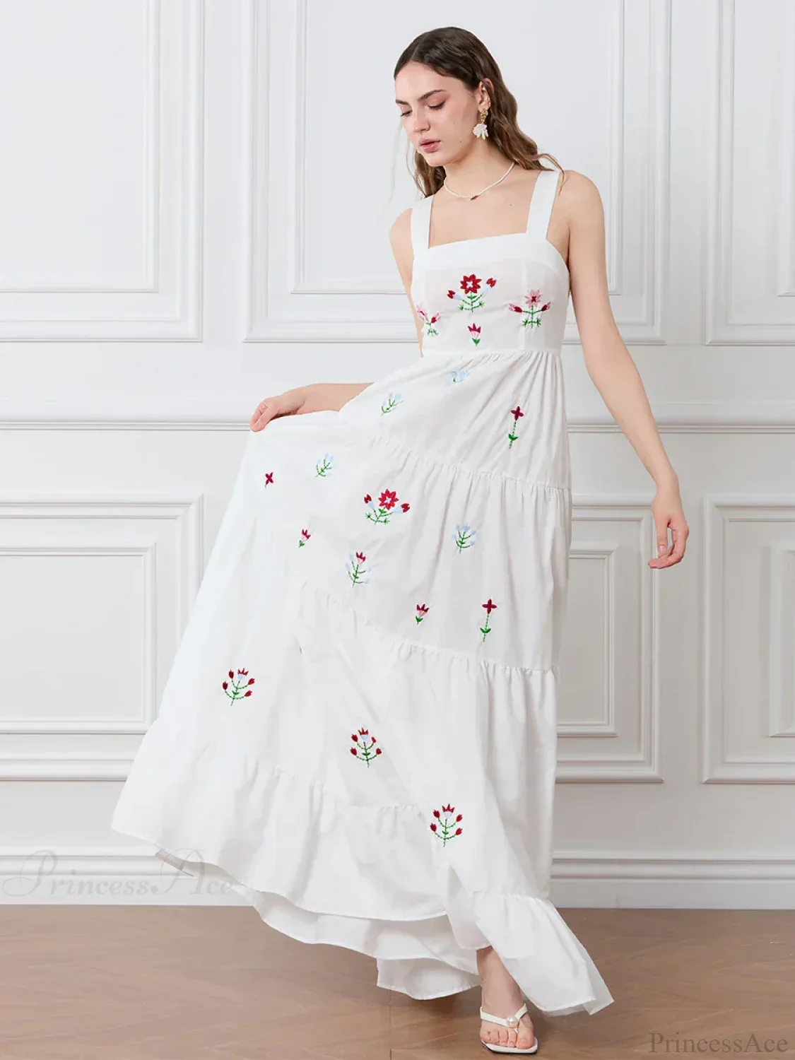 Embroidered Flower Ruched Tiered Slip Floral Dress - Image 2
