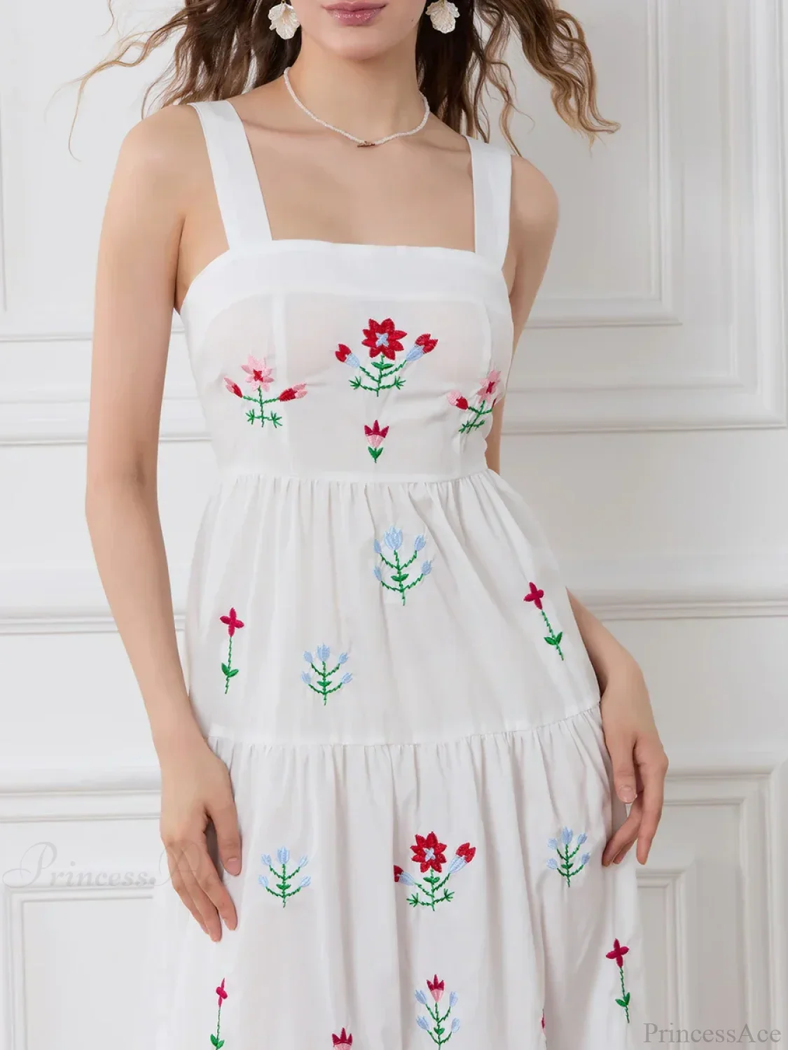 Embroidered Flower Ruched Tiered Slip Floral Dress - Image 3
