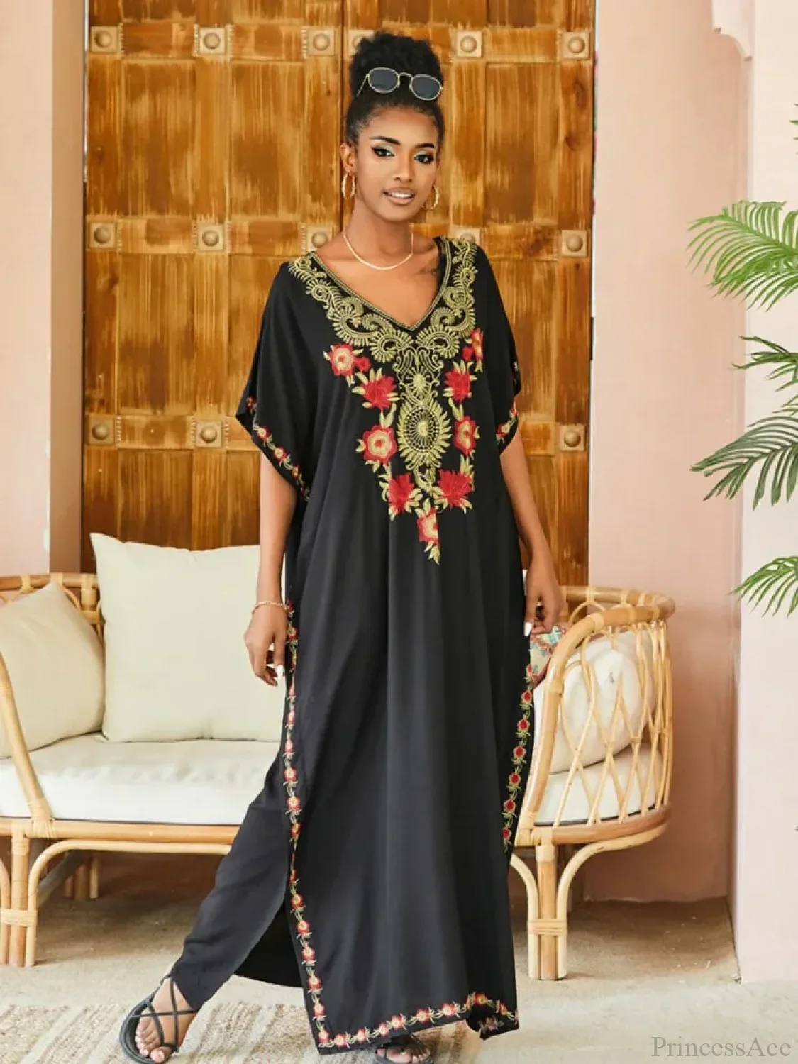 Embroidered Kaftan Beach Vacation Floral Dress - Image 2