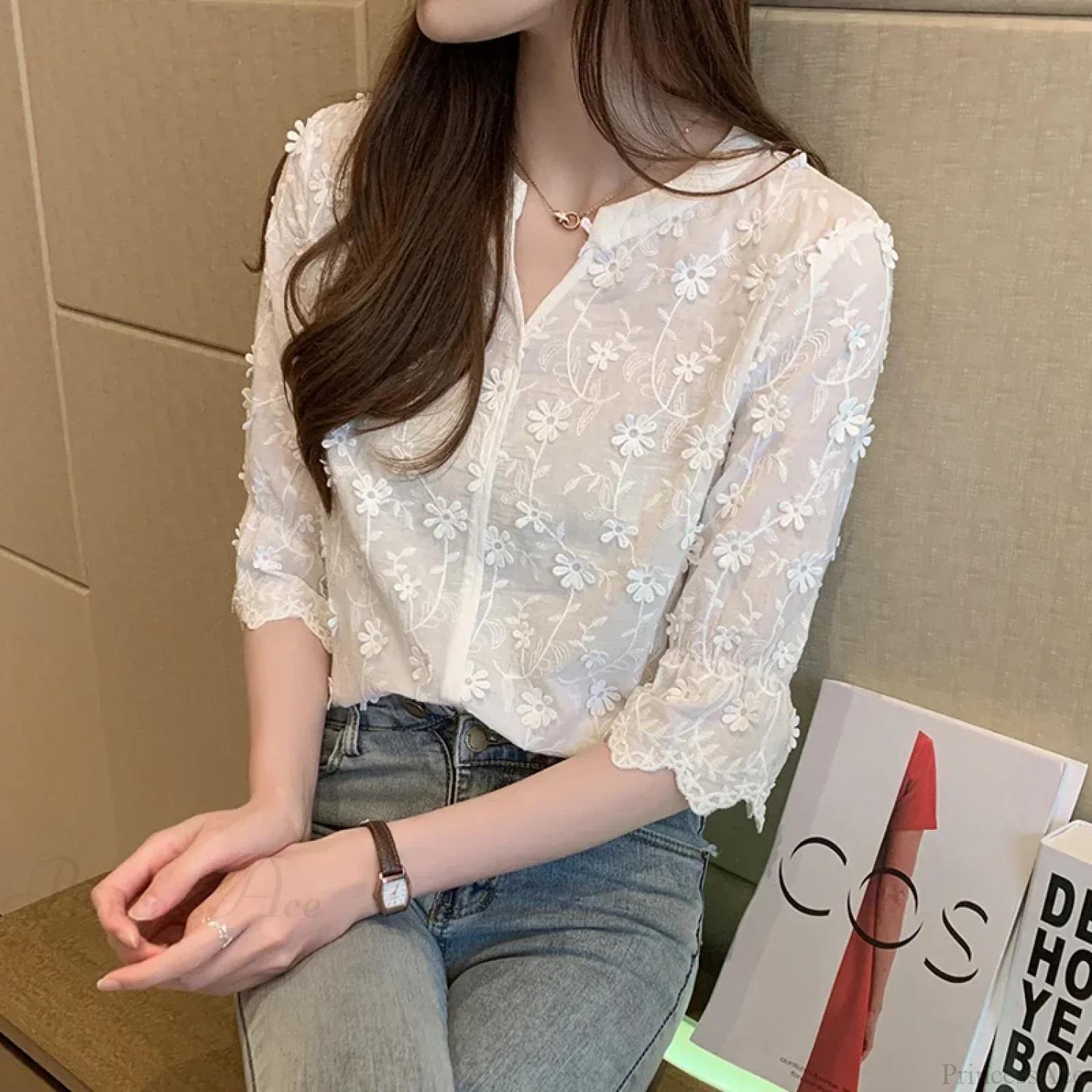 Embroidered Lace Summer Cotton White Blouse - Image 2