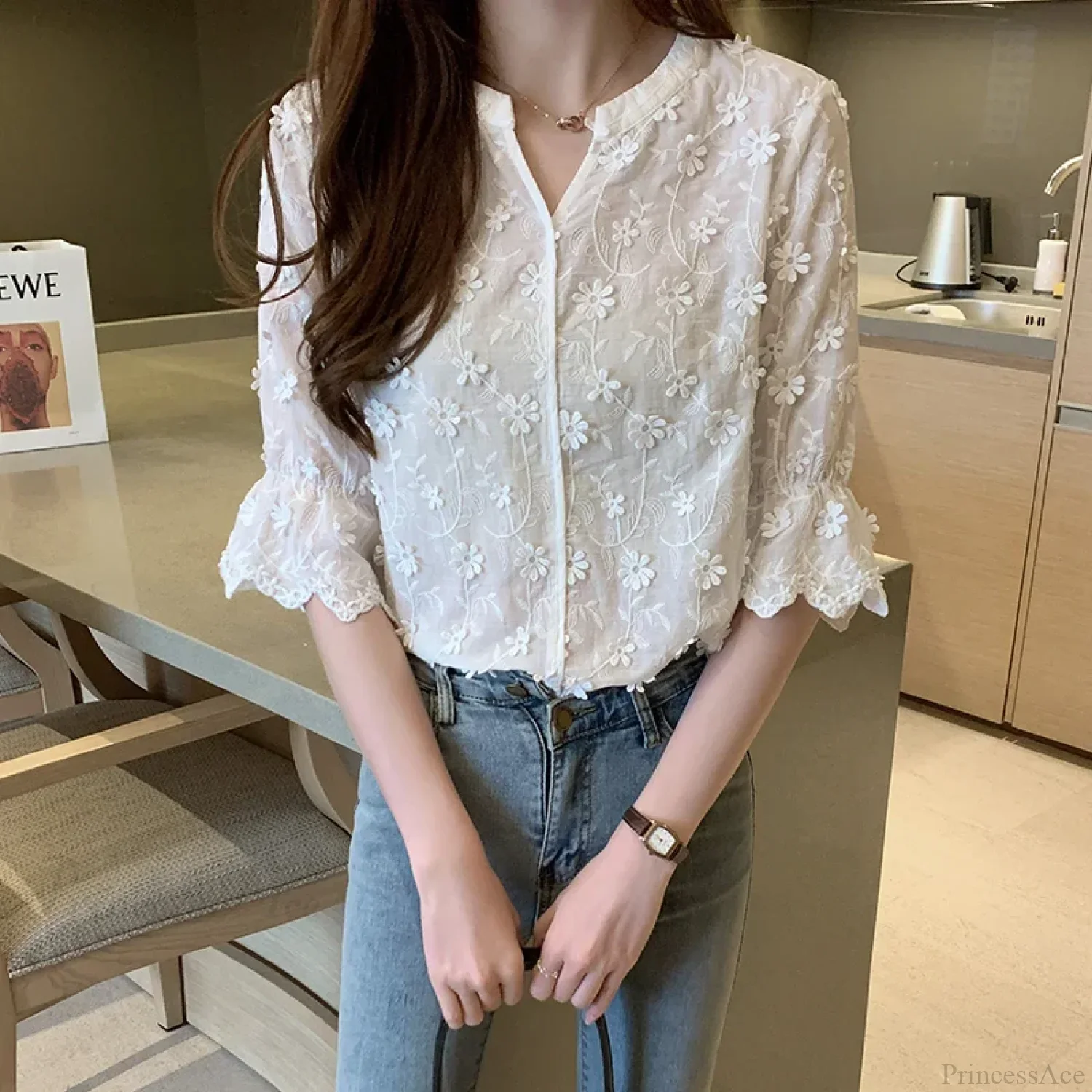 Embroidered Lace Summer Cotton White Blouse - Image 4