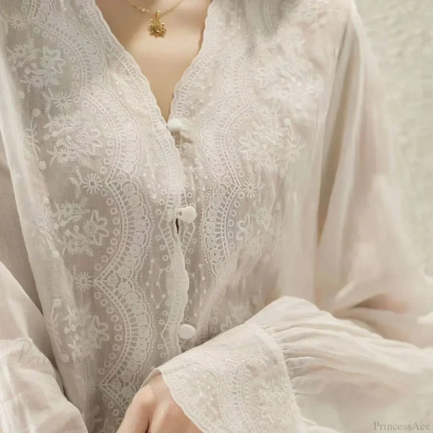 Embroidered Lace V-neck Linen Blouse Autumn Blouse - Image 4