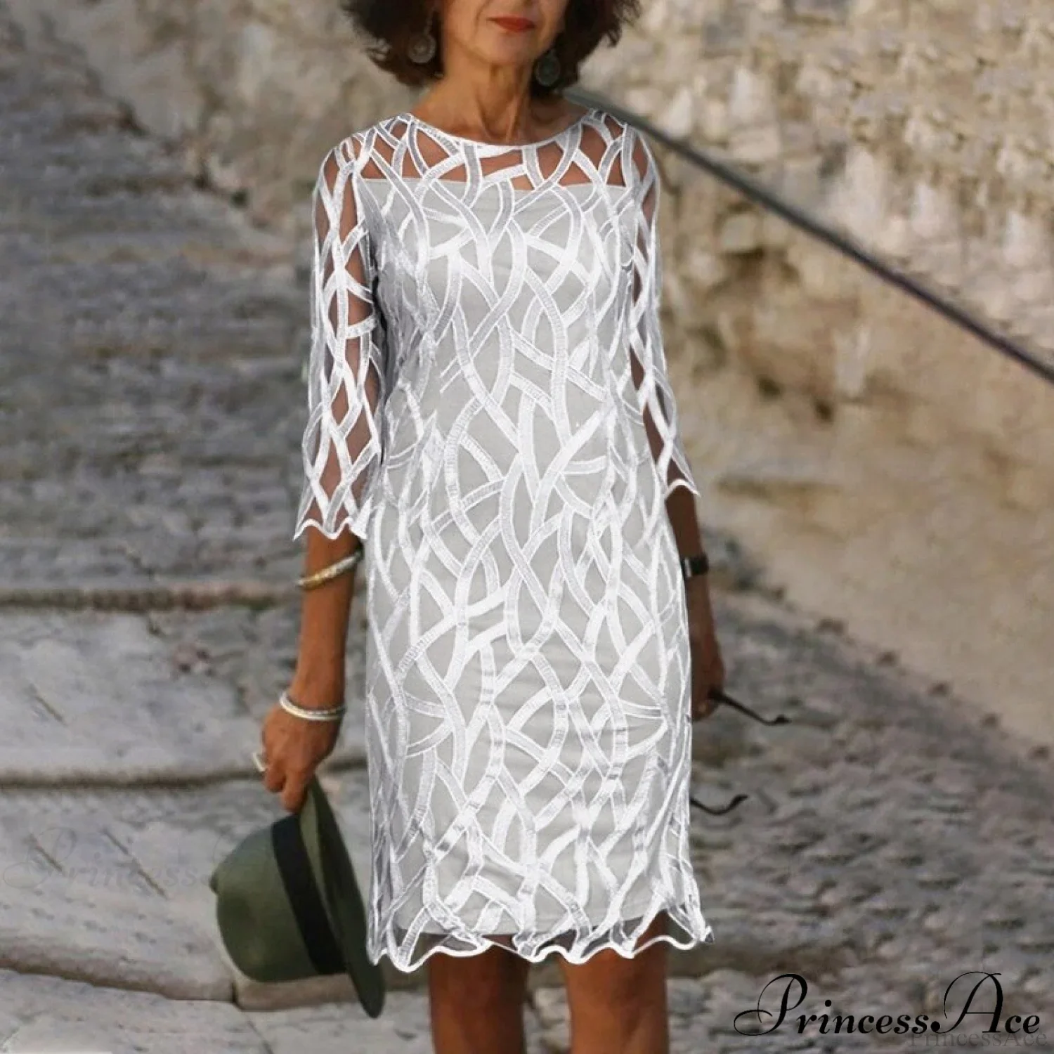 Embroidered Loose O See-through Lace - Arm Neck Half Casual Gown with Pullover