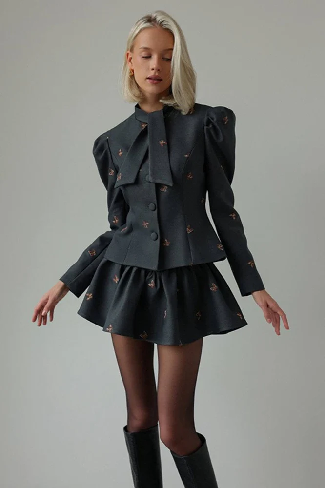 Embroidered Waist-Cinched Blazer & Mini Skirt Two Piece Set - Image 5