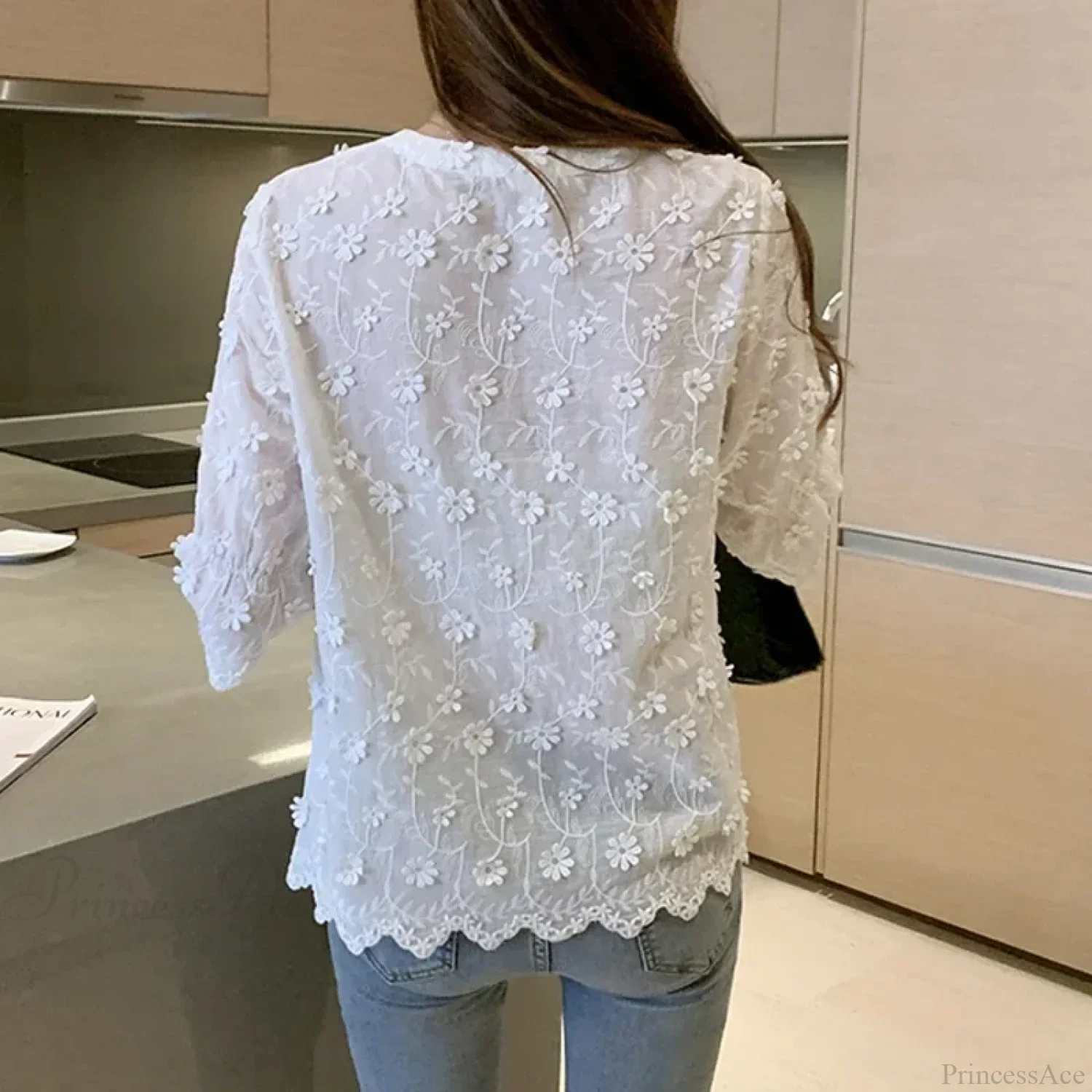 Embroidered White Cotton Floral Korean Style Blouse - Image 3