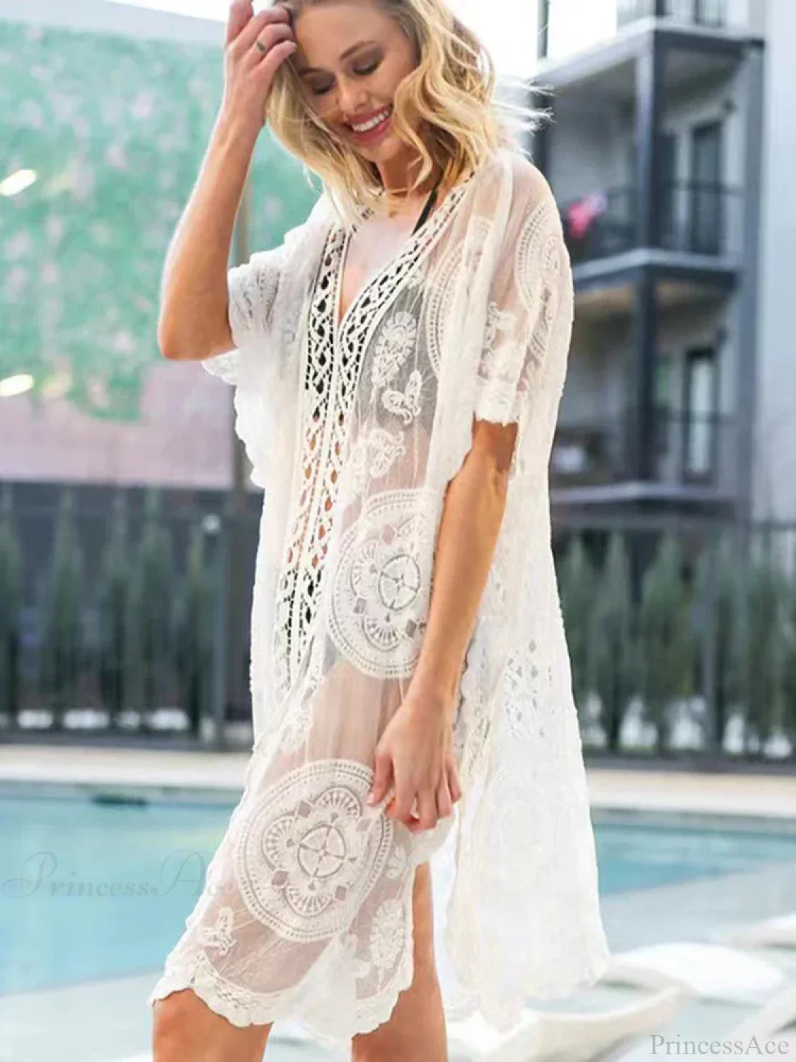 Embroidery Lace V-Neck Bikini Cover Up - Image 2
