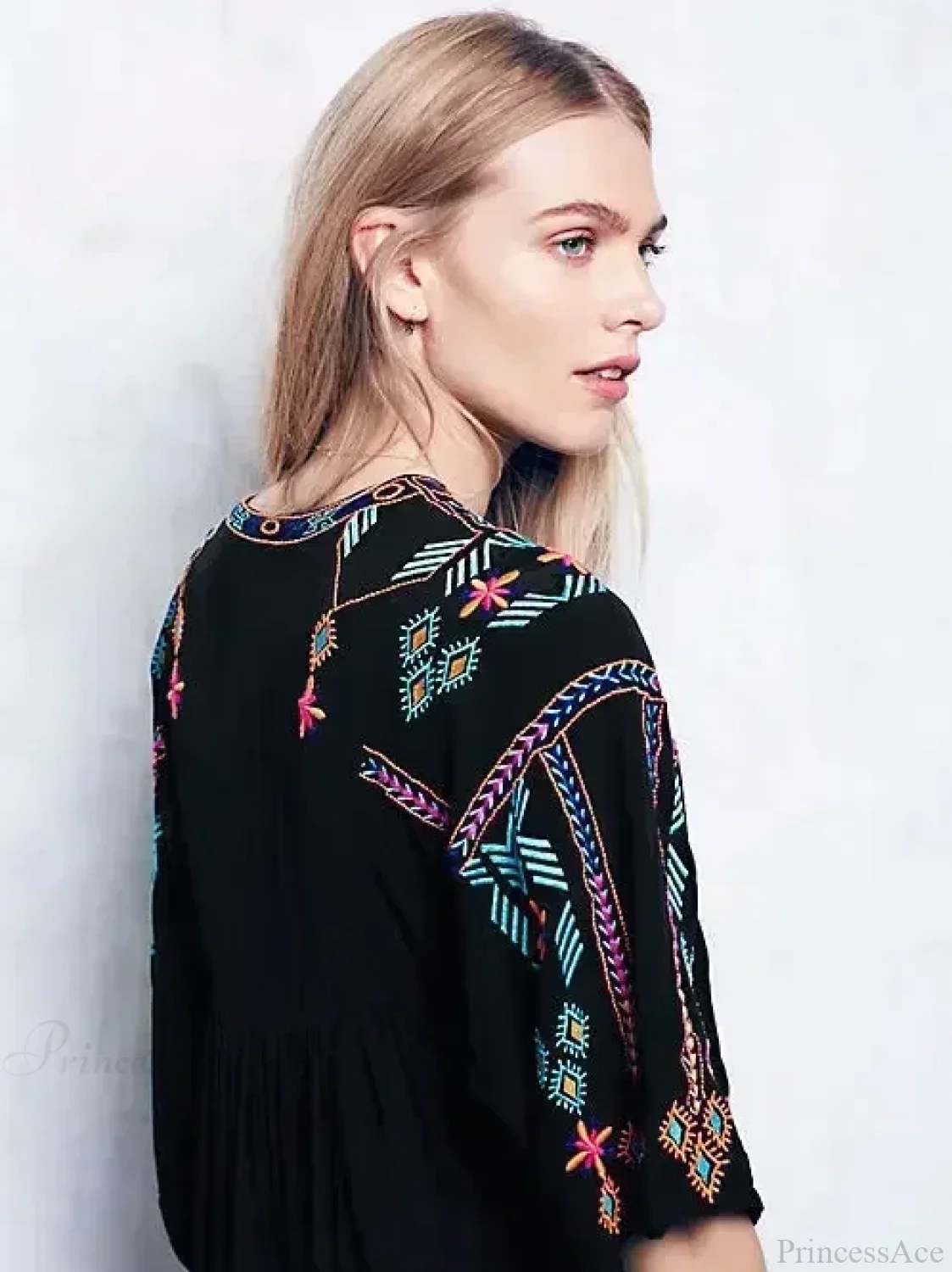 Embroidery Loose V-neck Black Elegant Boho Dress - Image 3