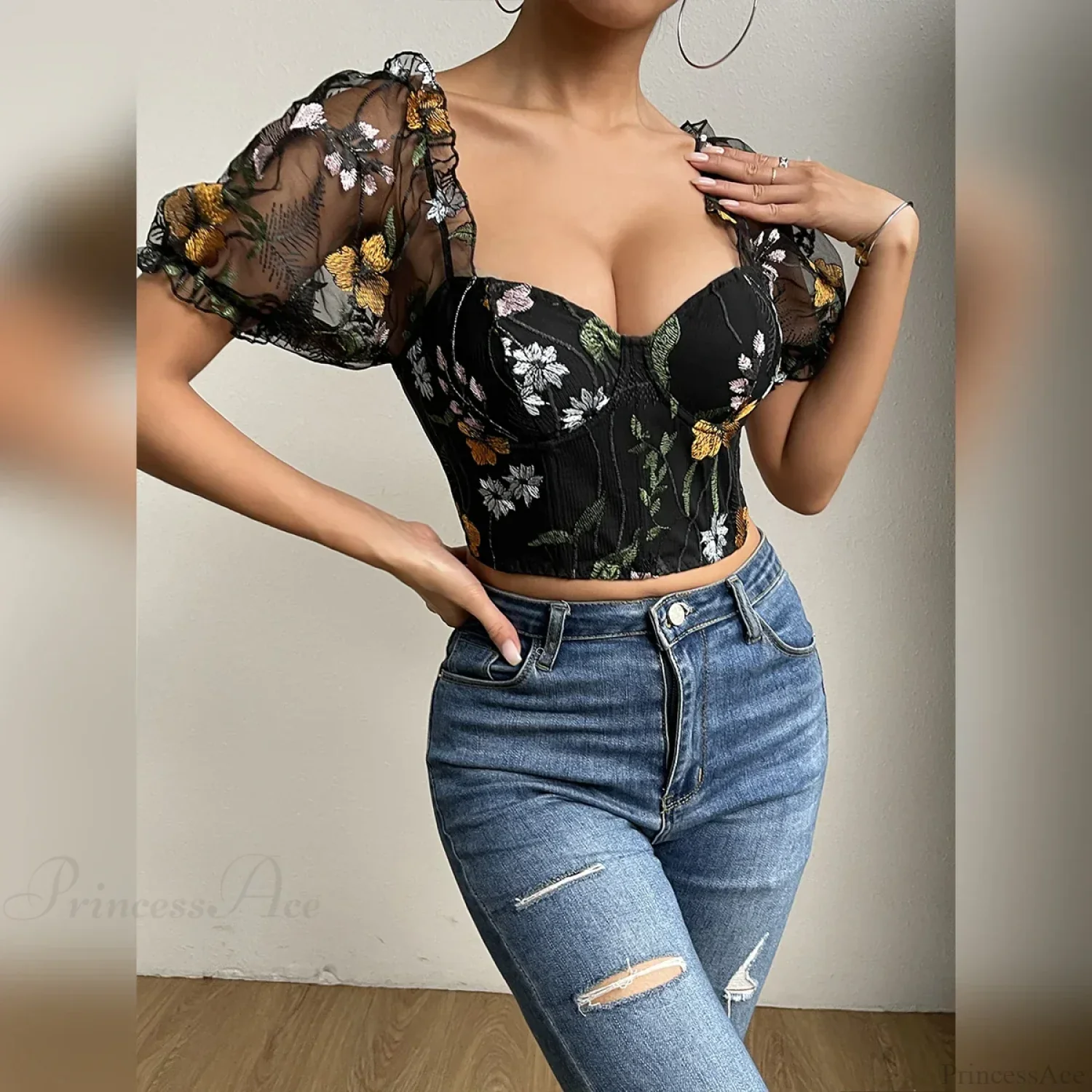 Embroidery Mesh Puff Sleeve Fishbone Corset Top - Image 3