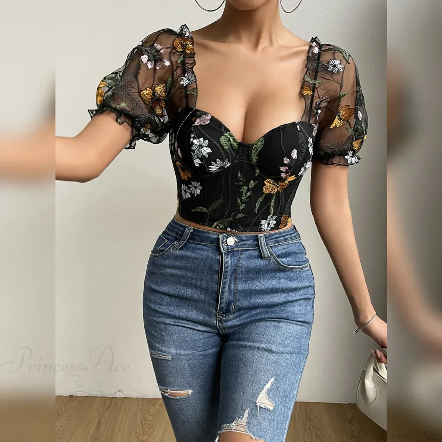Embroidery Mesh Puff Sleeve Fishbone Corset Top - Image 5