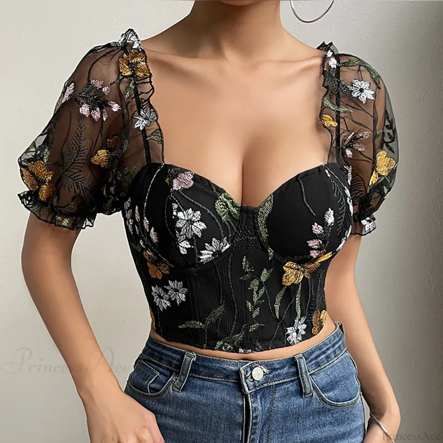 Embroidery Mesh Puff Sleeve Fishbone Corset Top - Image 6
