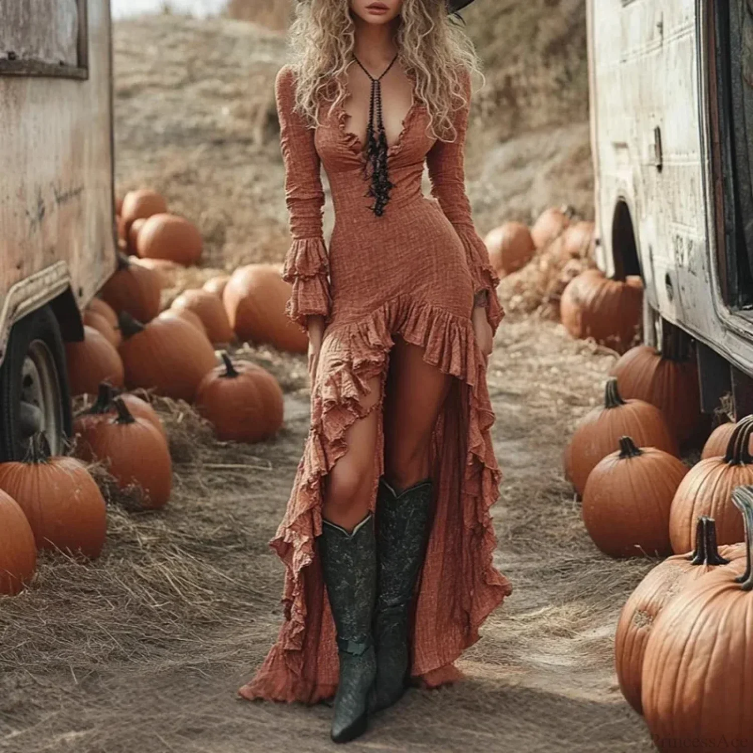 Ethnic Retro Solid Ruffle Boho Dress - Image 4