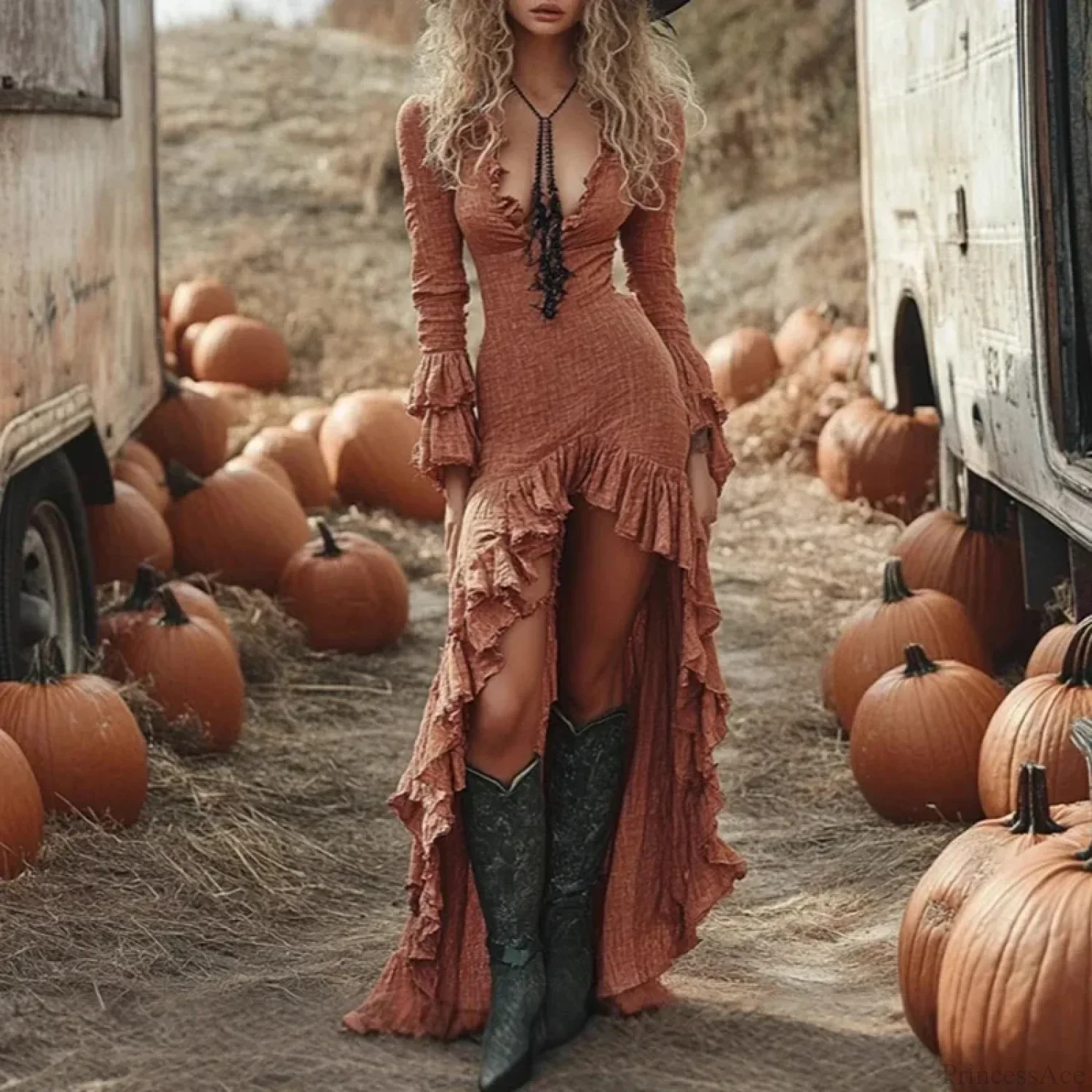 Ethnic Retro Solid Ruffle Boho Dress - Image 5