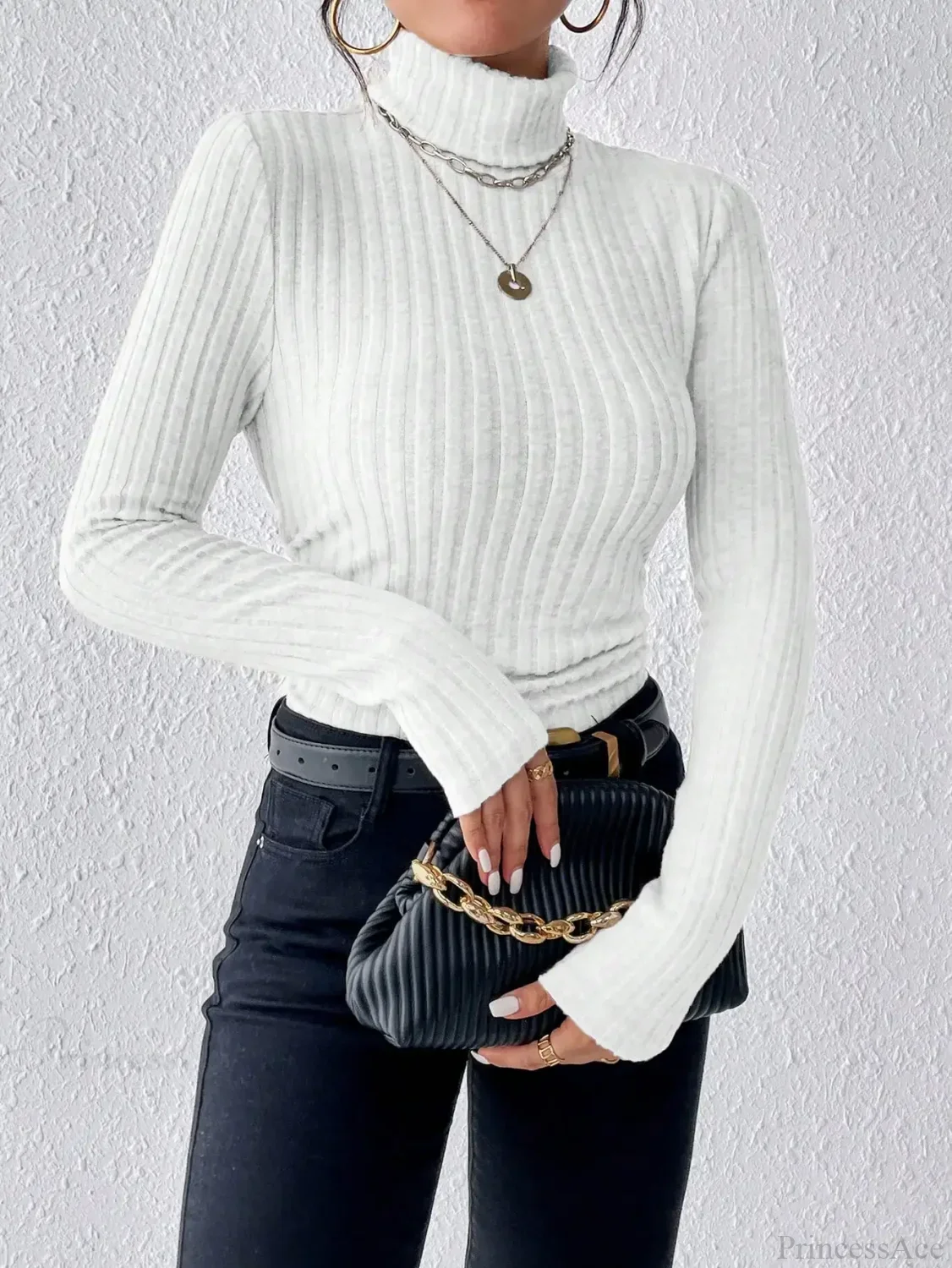 Explosive Solid Color High-Neck Slim Long Sleeve Top Women - Image 3