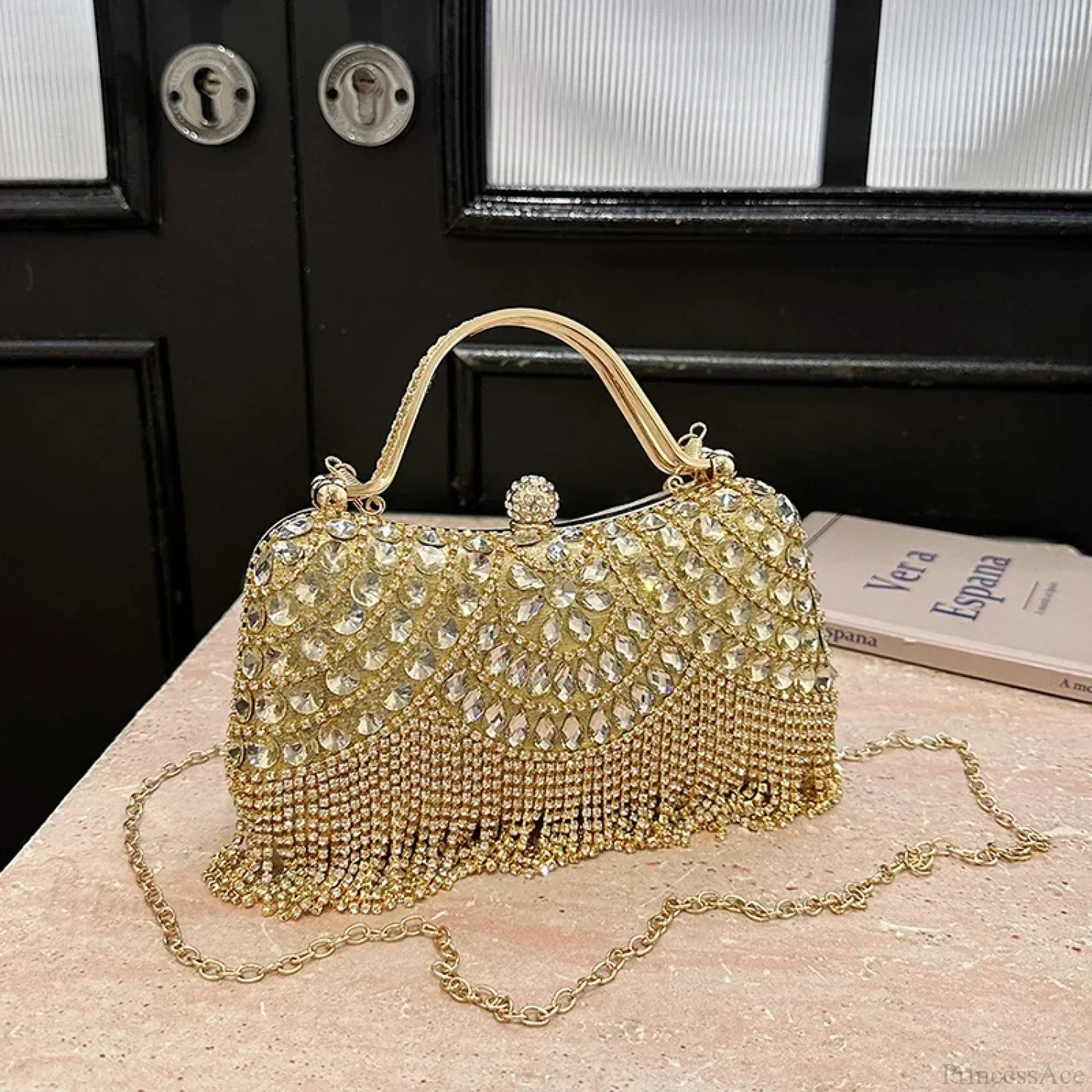 Exquisite Diamonds Gold Silver Hasp Chain Clutch Bag