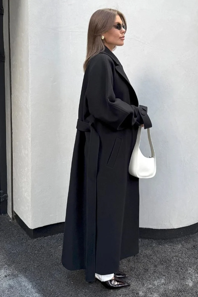 Extra-Long Wool Tie-Waist Loose Overcoat - Image 8