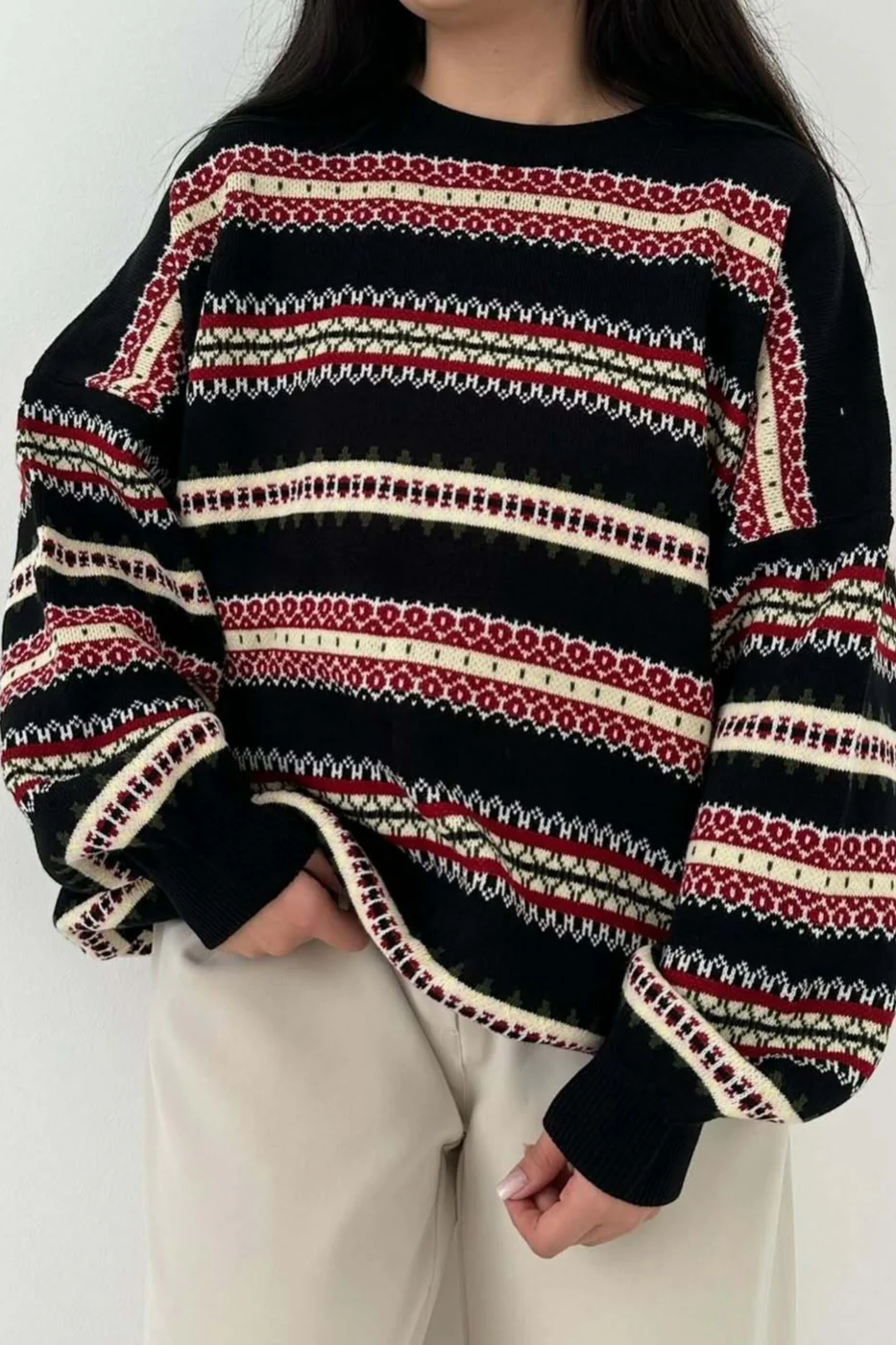 Fair Isle Jacquard Stripe Color Block Knit Sweater - Image 3