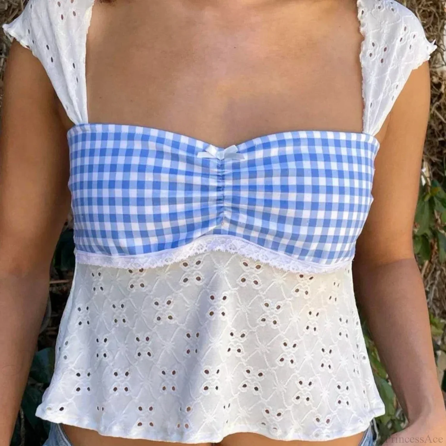 Fairycore Jacquard Eyelet Plaid Patchwork Milkmaid Tie-Up Backless Crop Top - Image 5