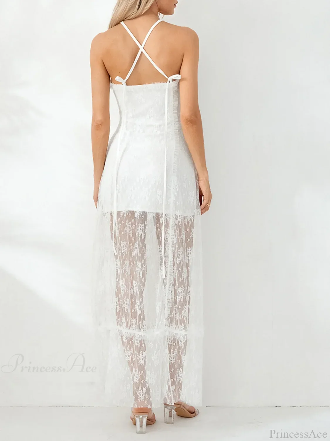 Fairycore Retro White Lace Backless Halter Tube Floral Dress - Image 6