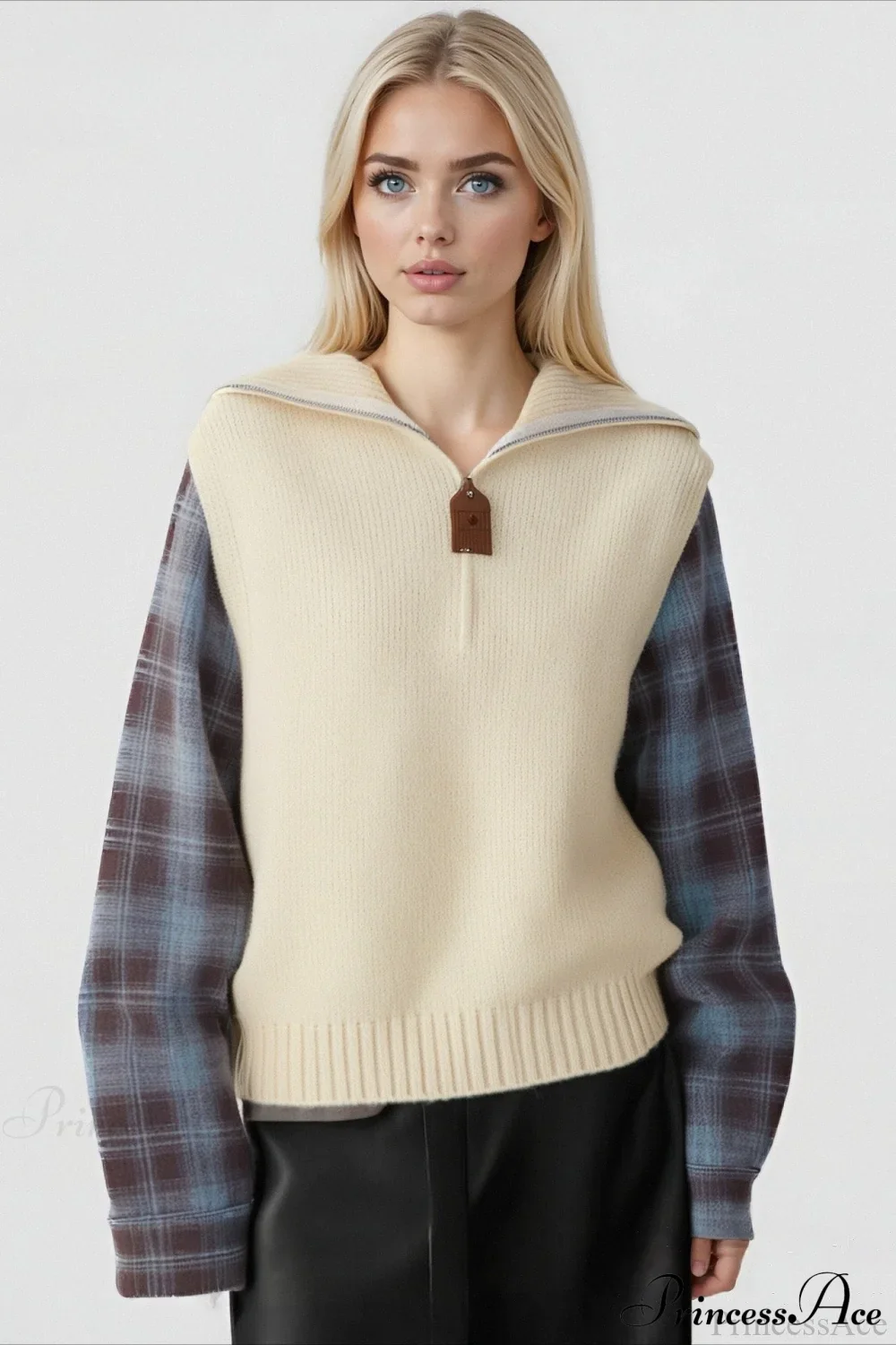 Fake Two Piece Plaid Contrast Half Zip Collared Sweater - Image 4