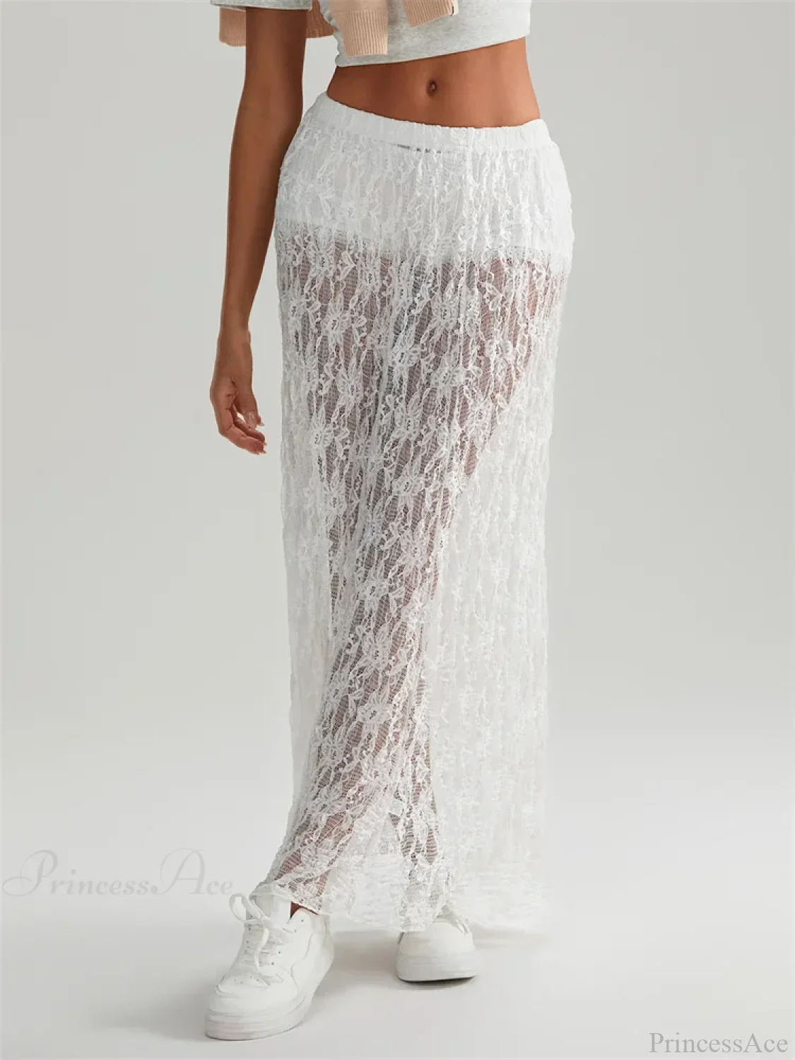 Fall Long Maxi Skirt Elastic Waist Lace Floral Casual Skirt - Image 5