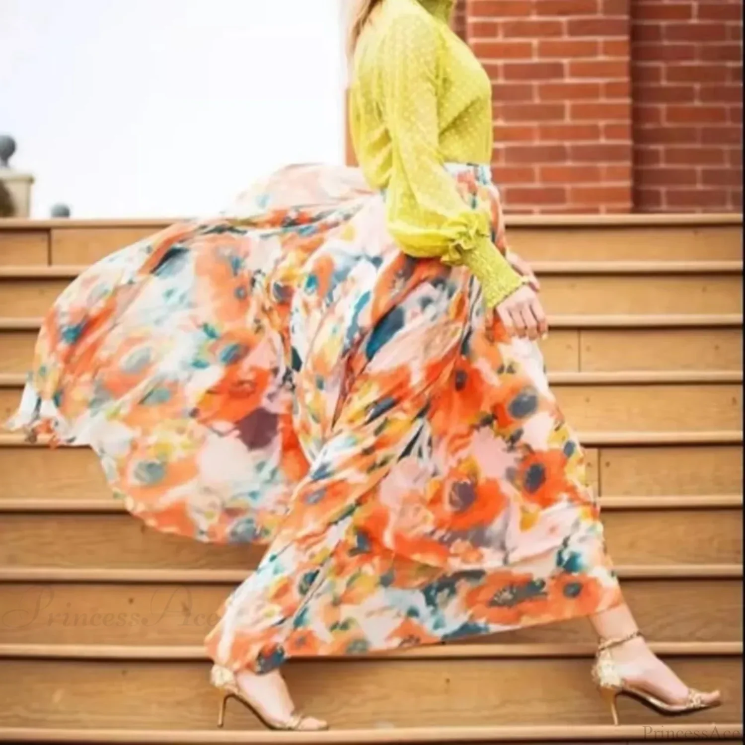 Fashion Boho Chiffon Floral Long High Waist Pleated Skirt - Image 3