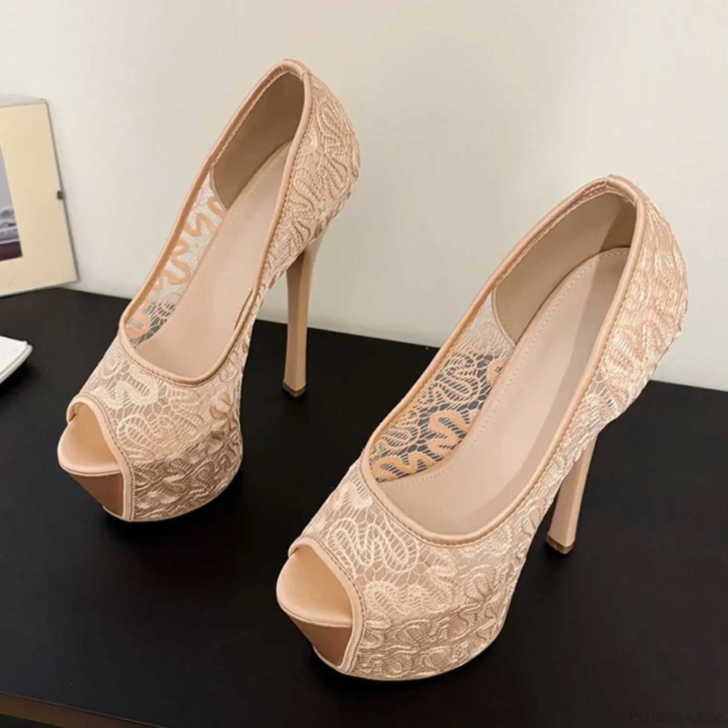 Fashion Design Embroidery Mesh Platform Pumps Slingback Shallow Peep-Toe Pink High-Heels Wedding High Heel - Image 5