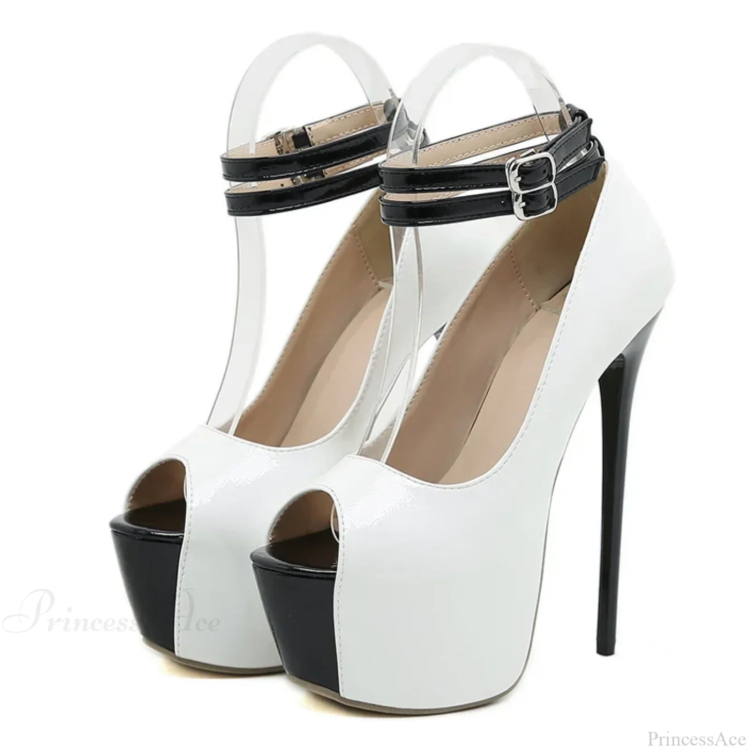 Fashion Double-Buckle-Strap Platform Sexy Peep-Toe 16.5CM Super-High Stripper White Pumps High Heel - Image 7