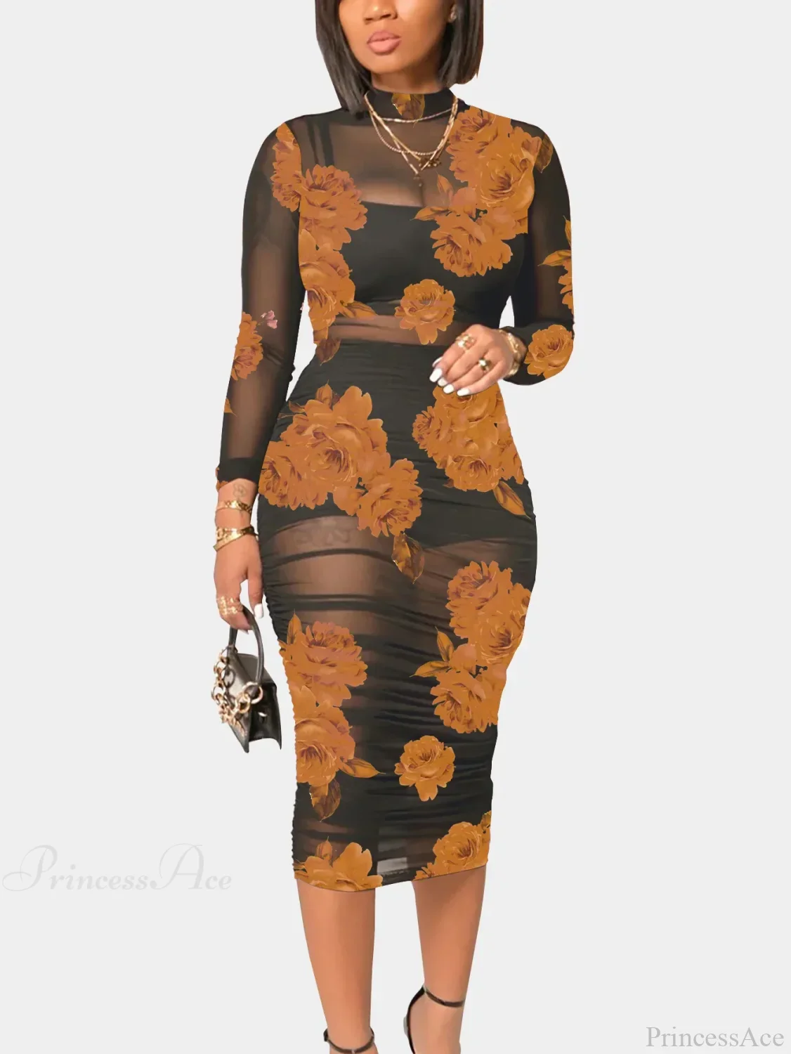 Fashion Floral Mesh Mid Length Sexy Party Dress - Image 6