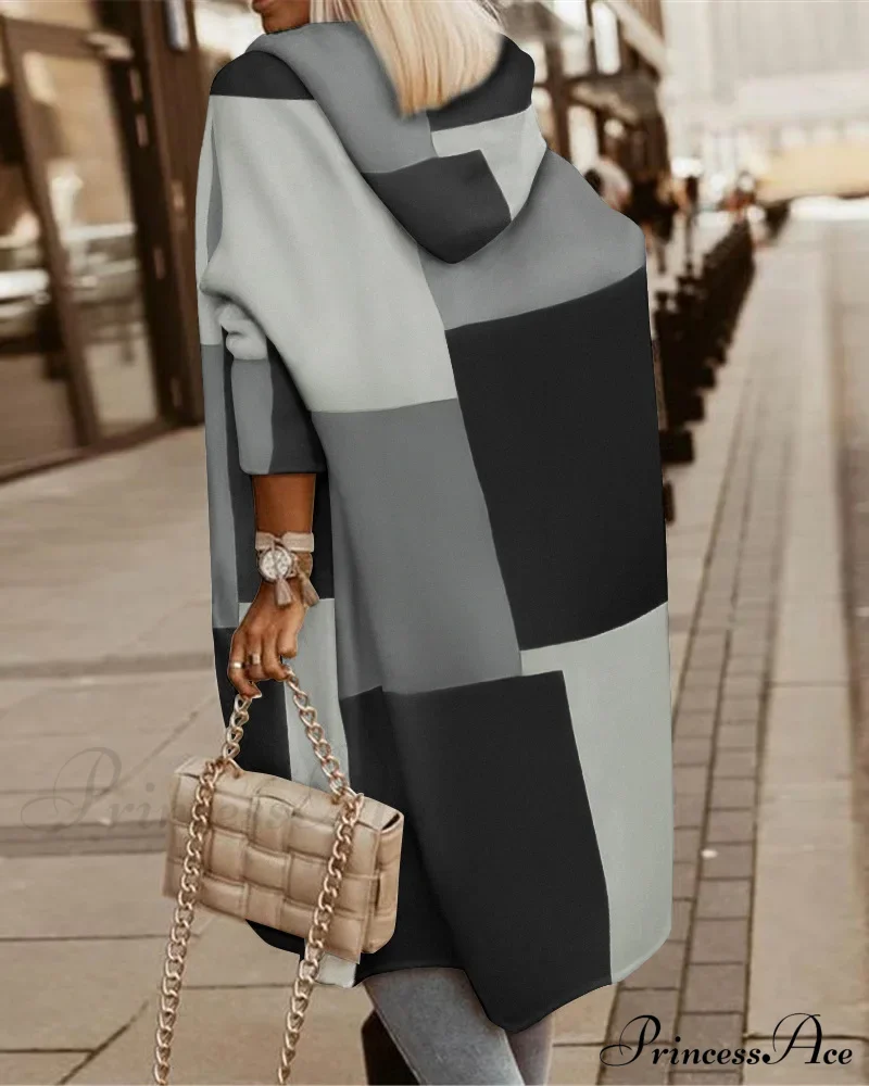Fashion Geometric Print Long Sleeve Hooded Casual Loose Trench Stylish Coat - Image 2