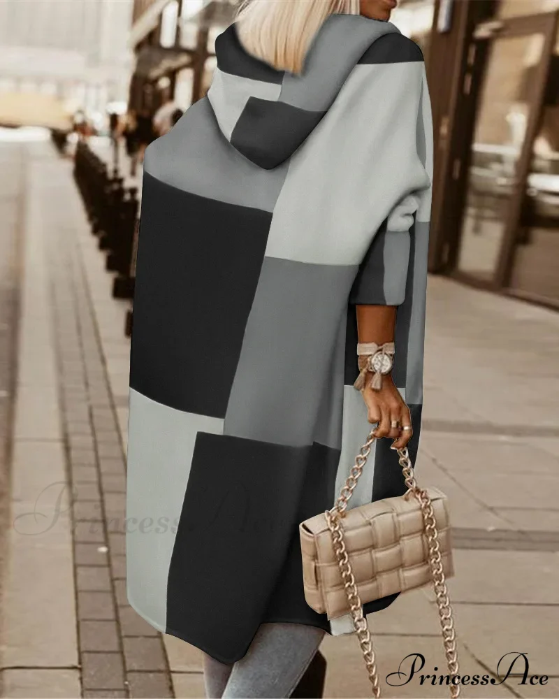 Fashion Geometric Print Long Sleeve Hooded Casual Loose Trench Stylish Coat - Image 3