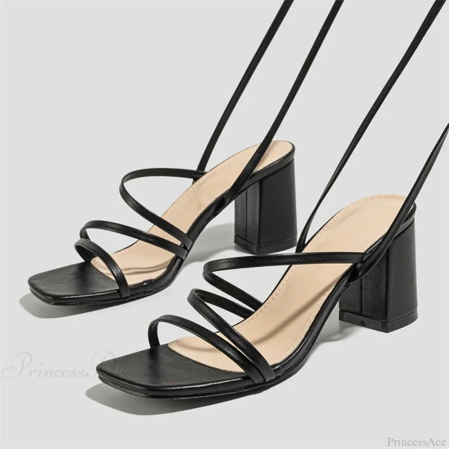 Fashion Narrow Band Ankle Cross-Strap Square Toe Banquet Party Low Heel Pump - Image 4