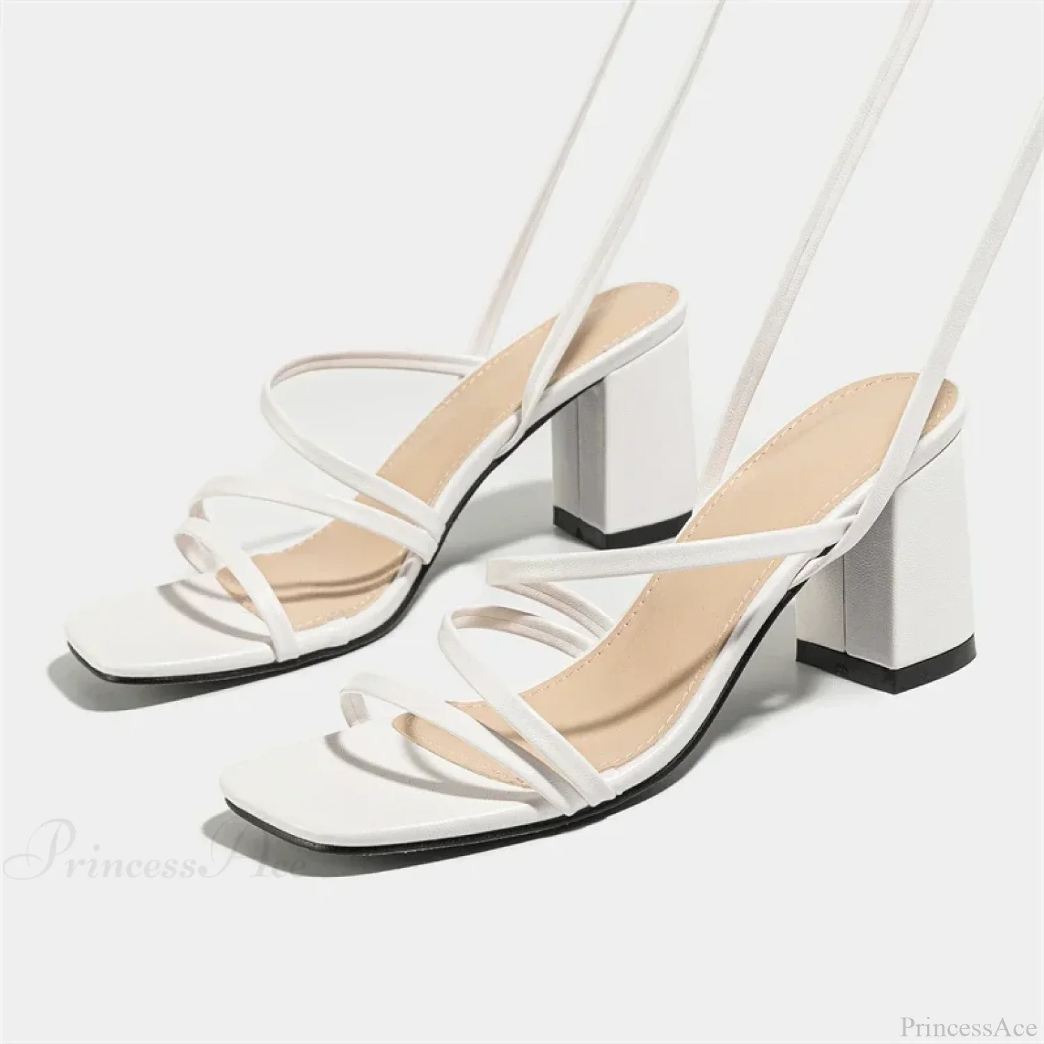 Fashion Narrow Band Ankle Cross-Strap Square Toe Banquet Party Low Heel Pump - Image 5