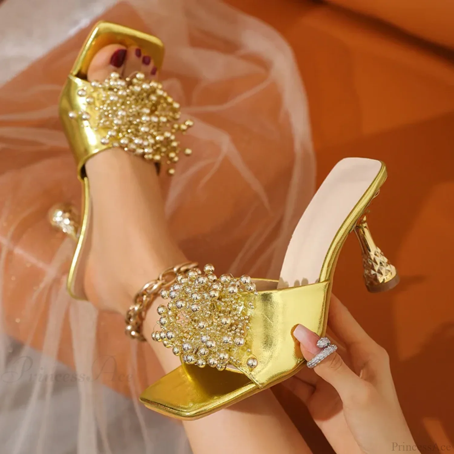 Fashion Pearl Leather Square Toe Mules Heels Beach Party Dress High Heel - Image 4