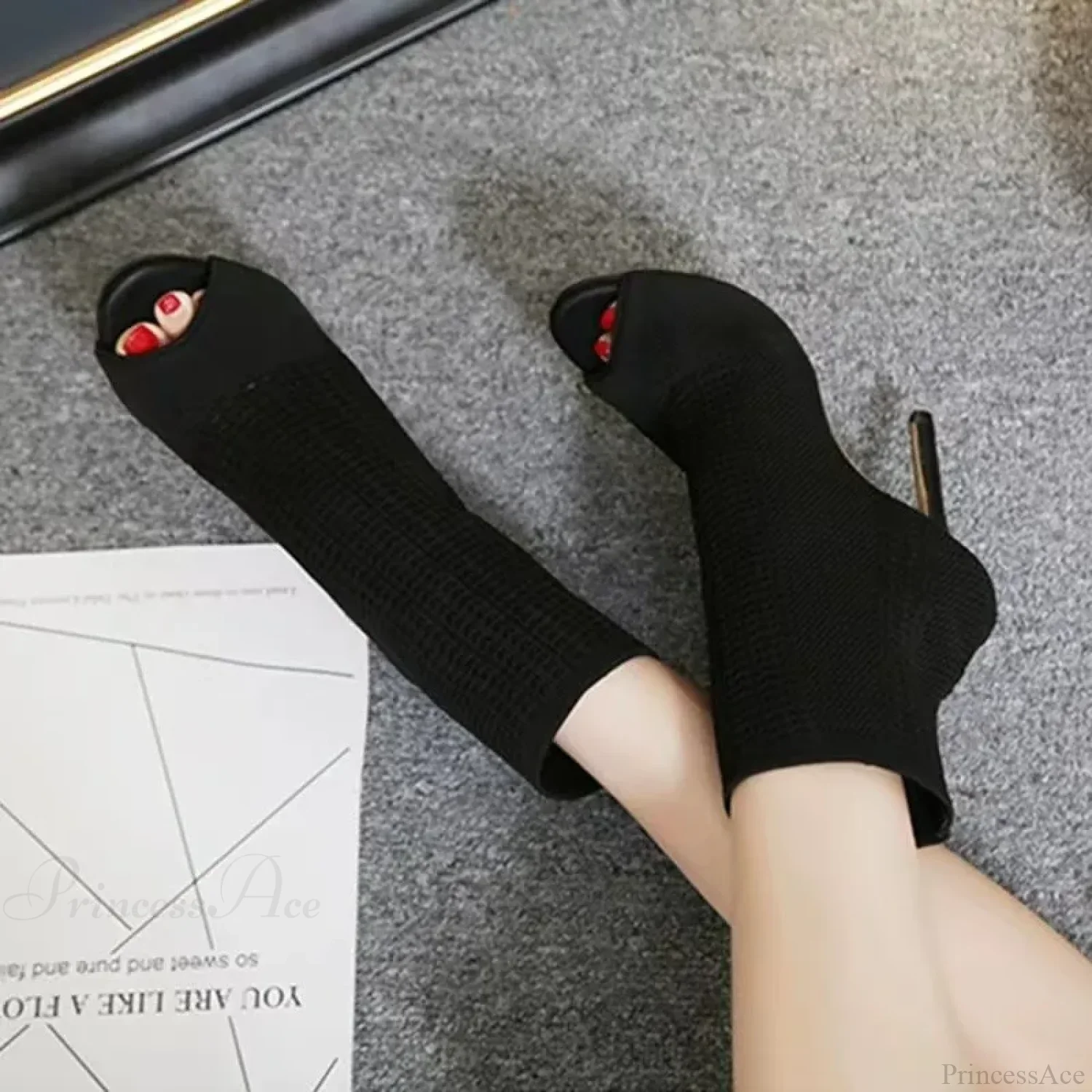 Fashion Peep Toe Stretch Fabric Breathable Hollow Out Small Hole Knitting Women High Heel - Image 3