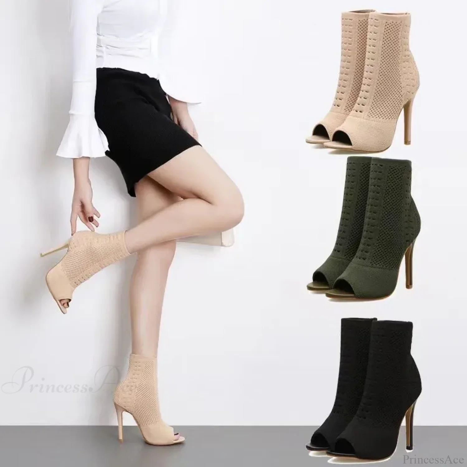 Fashion Peep Toe Stretch Fabric Breathable Hollow Out Small Hole Knitting Women High Heel - Image 4