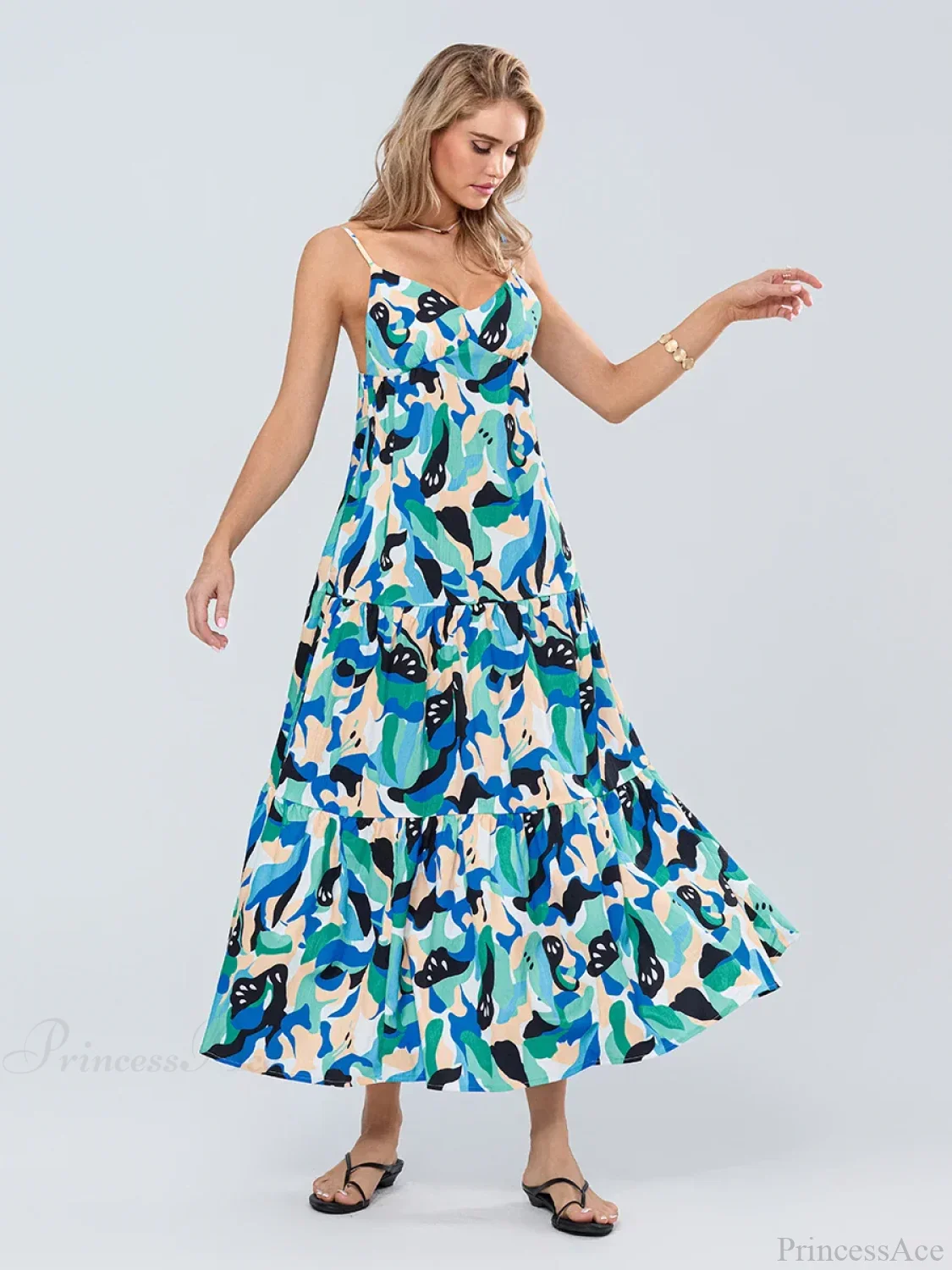 Fashion Print Spaghetti Strap Backless Sweetheart Flowy Cami Floral Dress - Image 2