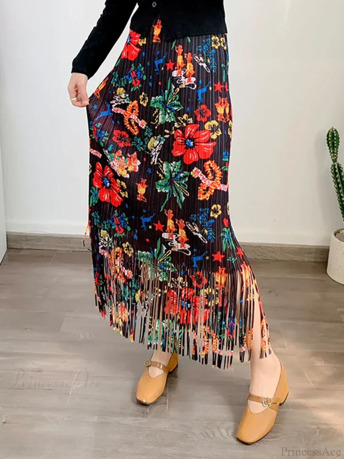 Fashion Printed Flower Tassels High Elastic Waist Skirt - Image 2