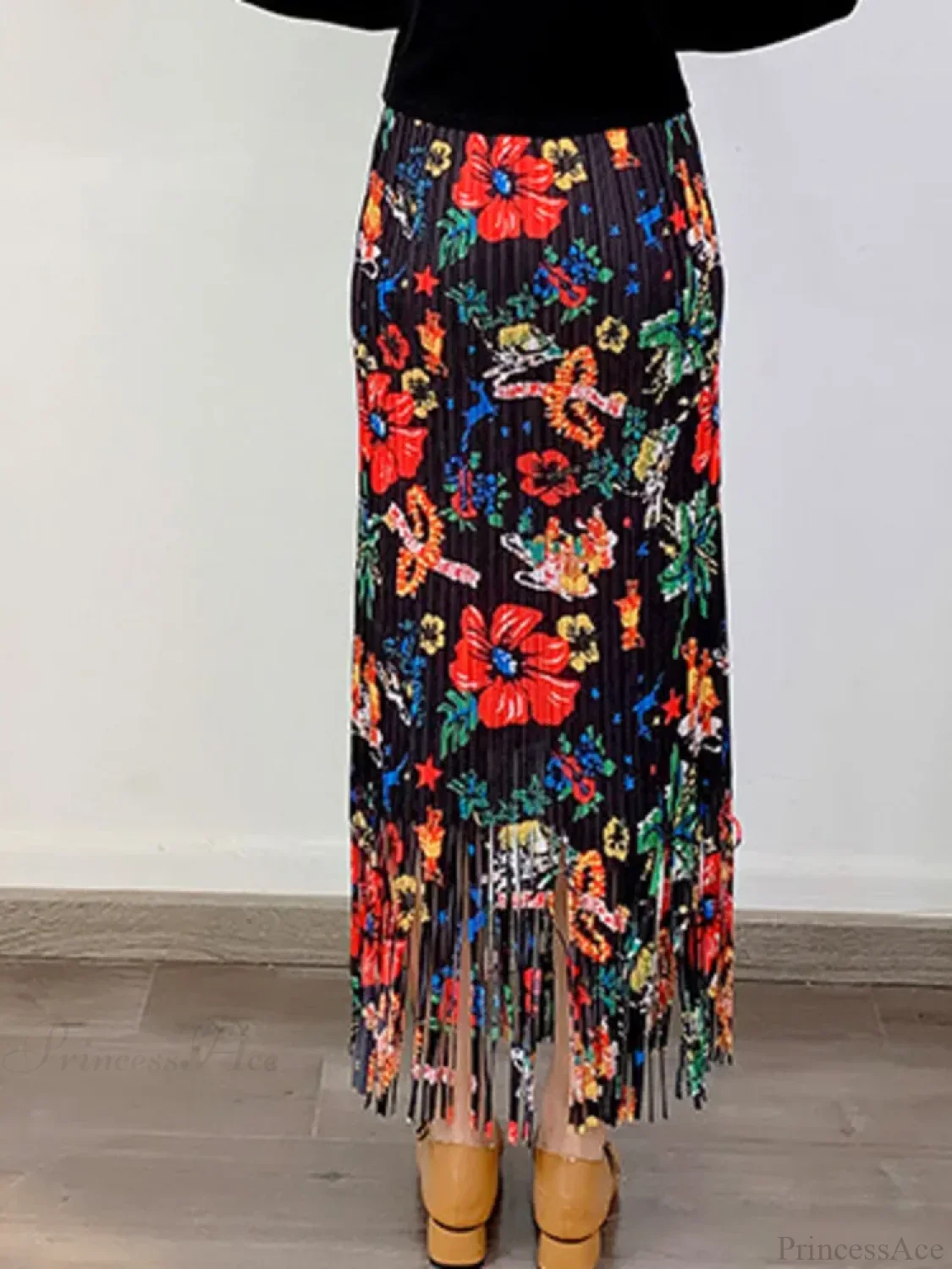 Fashion Printed Flower Tassels High Elastic Waist Skirt - Image 3