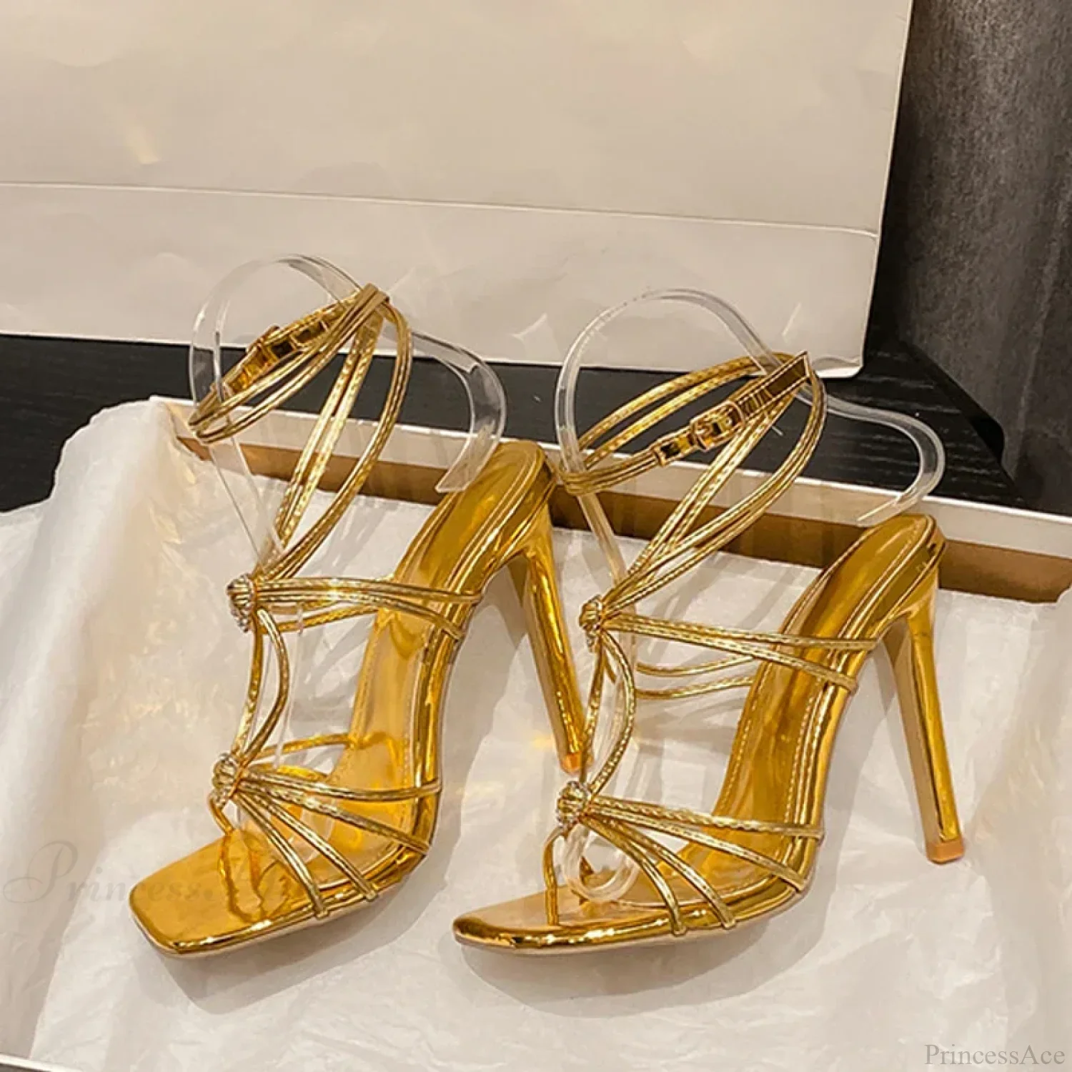 Fashion Rhinestone Buckle Narrow-Band Sandals Square-Toe Wedding Banquet High-Heels Thin Golden High Heel - Image 4
