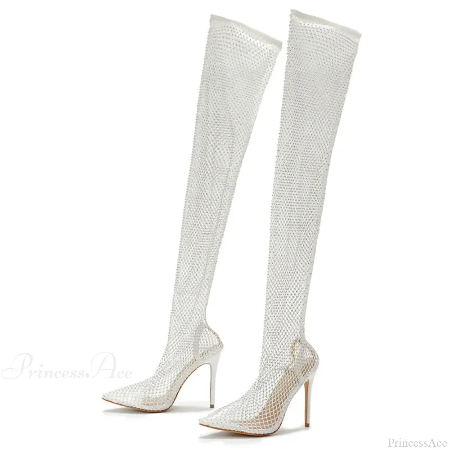Fashion Rhinestone Fishnet Mesh Women Pumps High-Heels Socks Over-The-Knee Boots Pointed-Toe Slip-on High Heel - Image 5