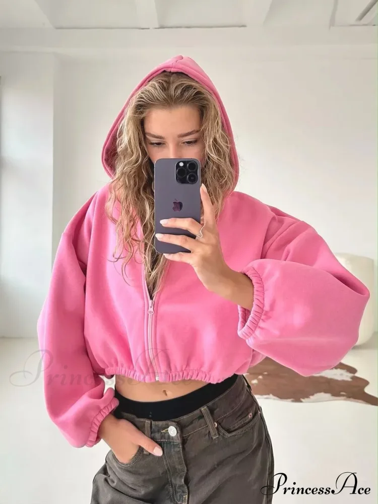 Fashionable Cropped Cozy Solid Color Loose Hoodie - Image 6