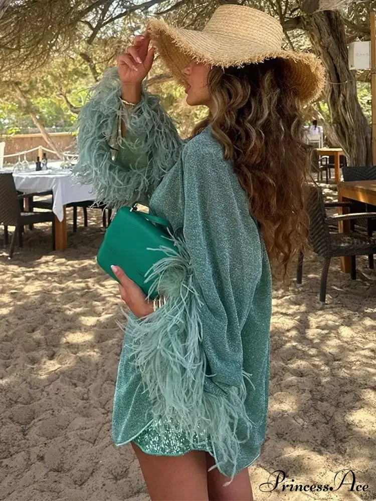 Solid Shiny Feathered Patchwork Stand Collar Coat - Image 5
