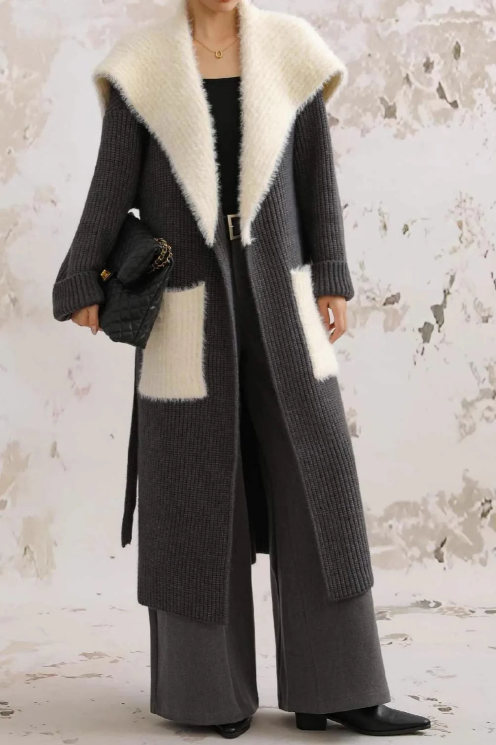 Faux Fur Collar Long Patchwork Loose Knit Overcoat - Image 11